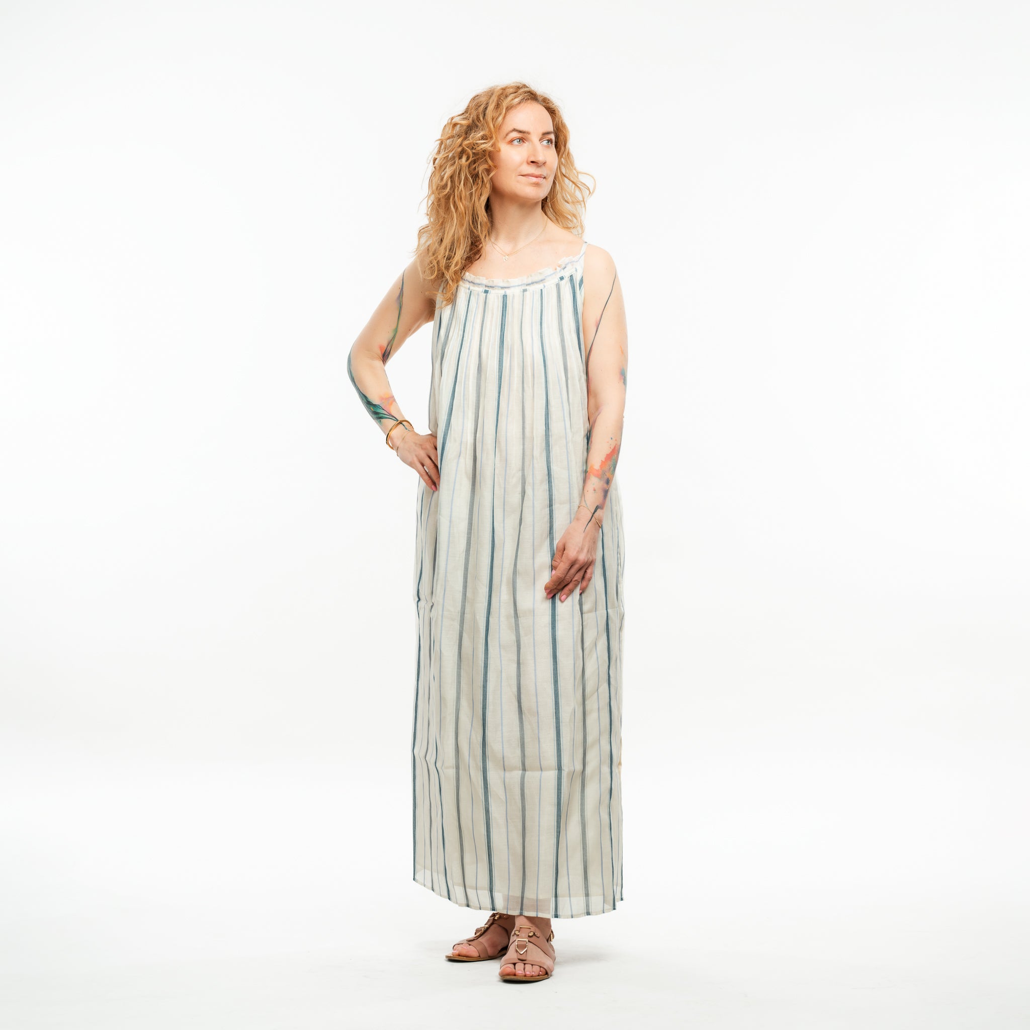 Cotton Silk Striped Halter Dress S