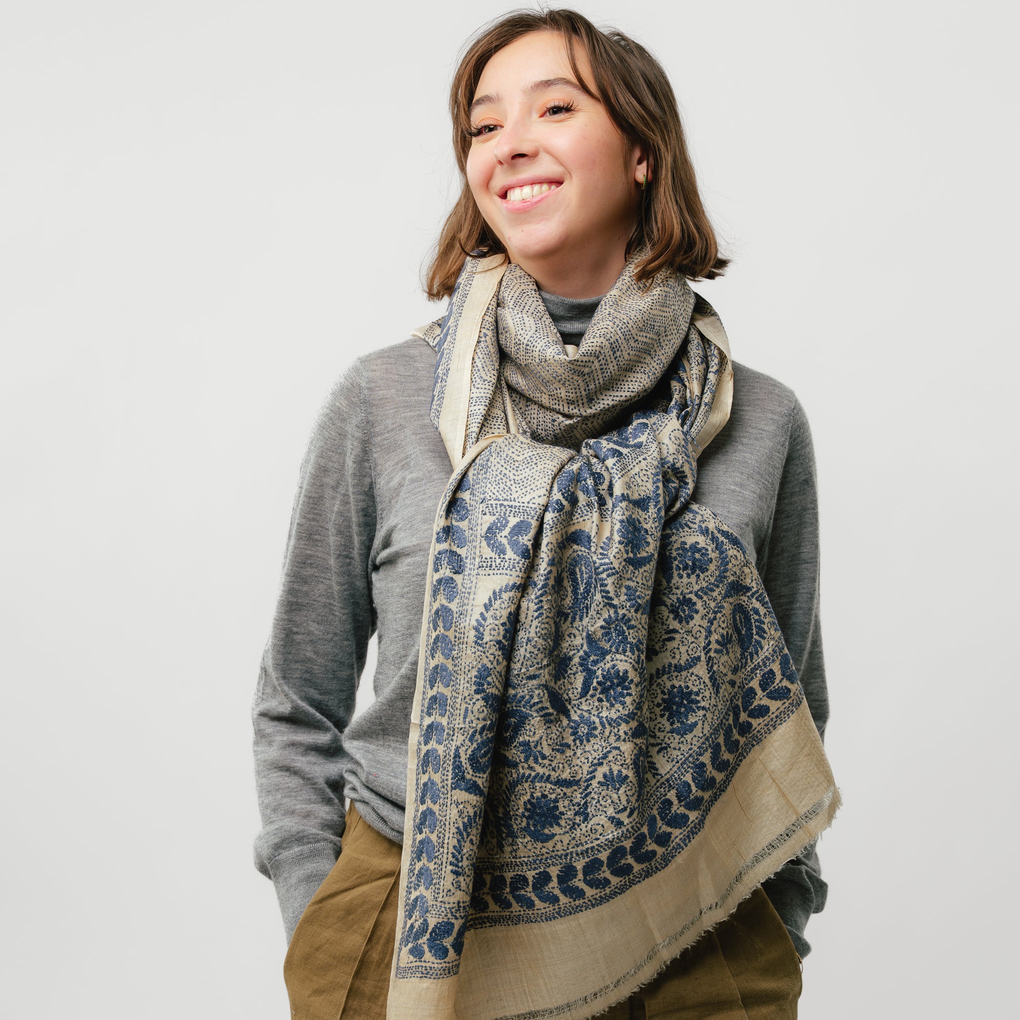 Hand Embroidered Natural Silk Scarf