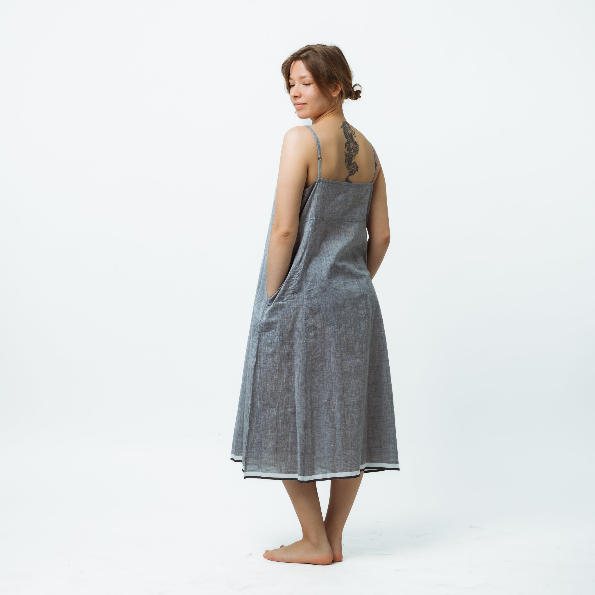 Hand Loomed Cotton Halter Dress with Pockets in Grey
