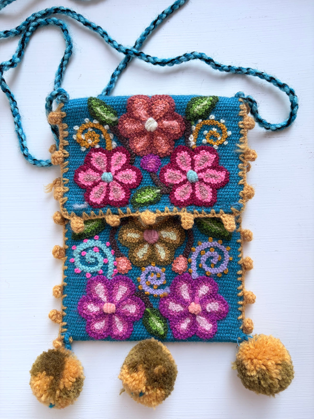 Cross Body Embroidered Pouch with Pompoms