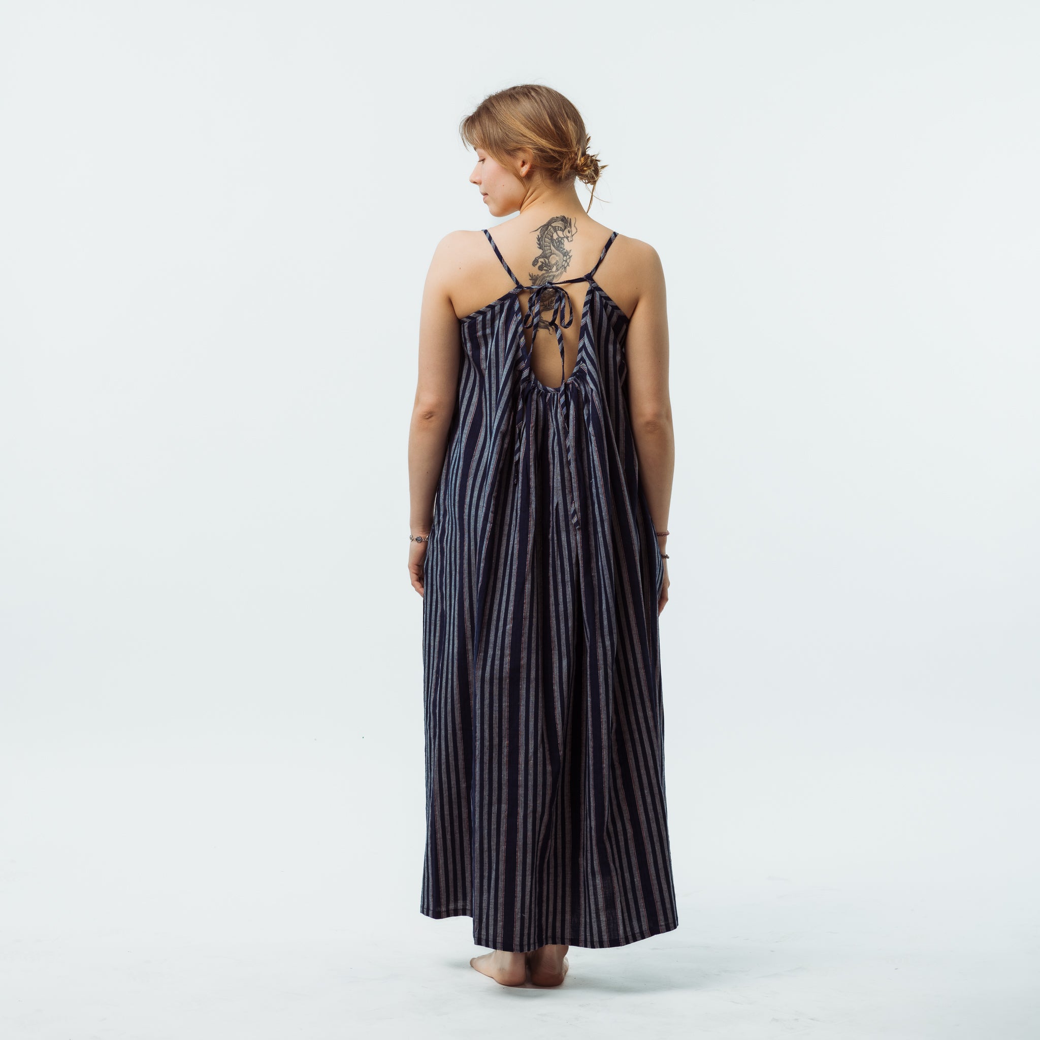 Handwoven Indigo Striped Cotton Maxi Dress