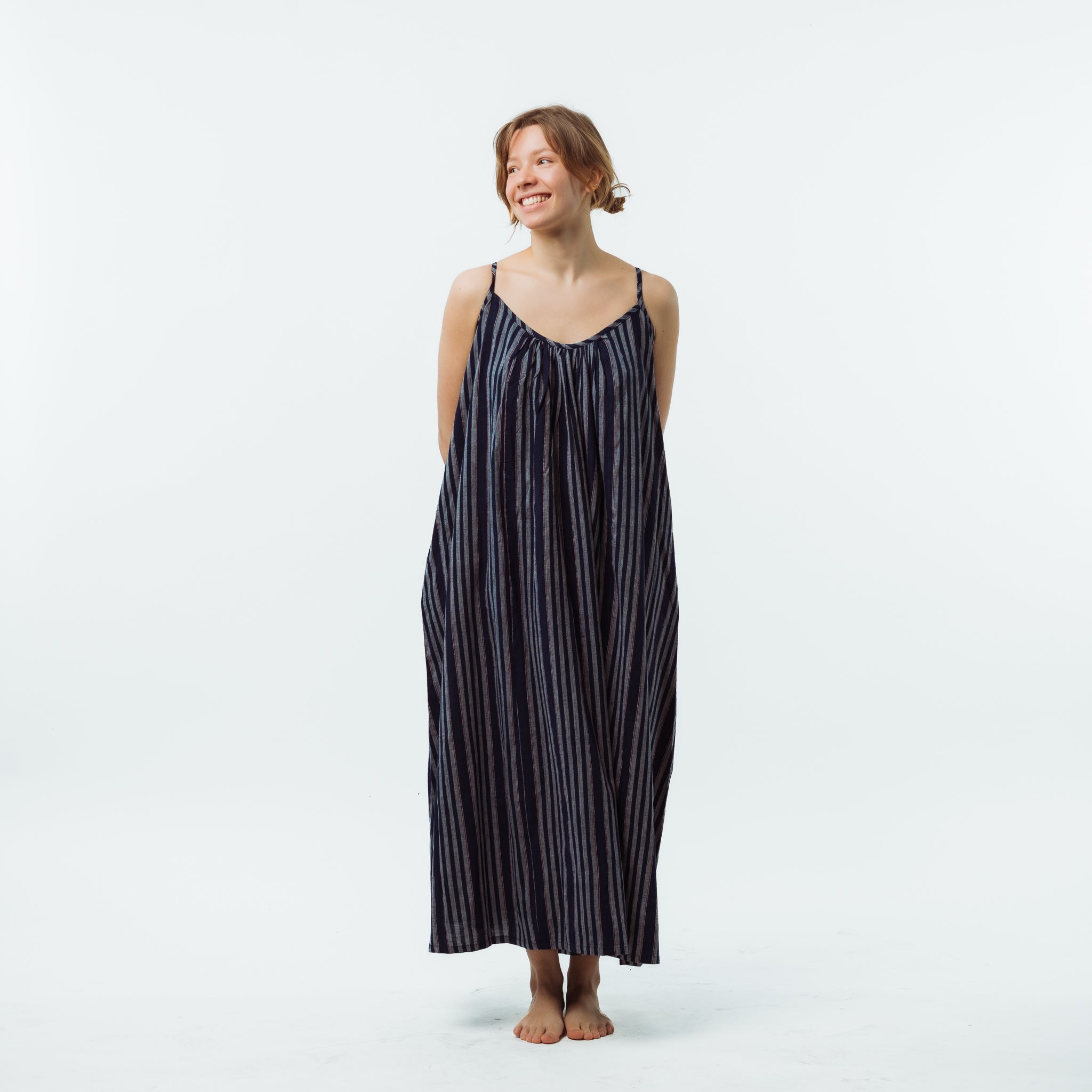 Handwoven Indigo Striped Cotton Maxi Dress