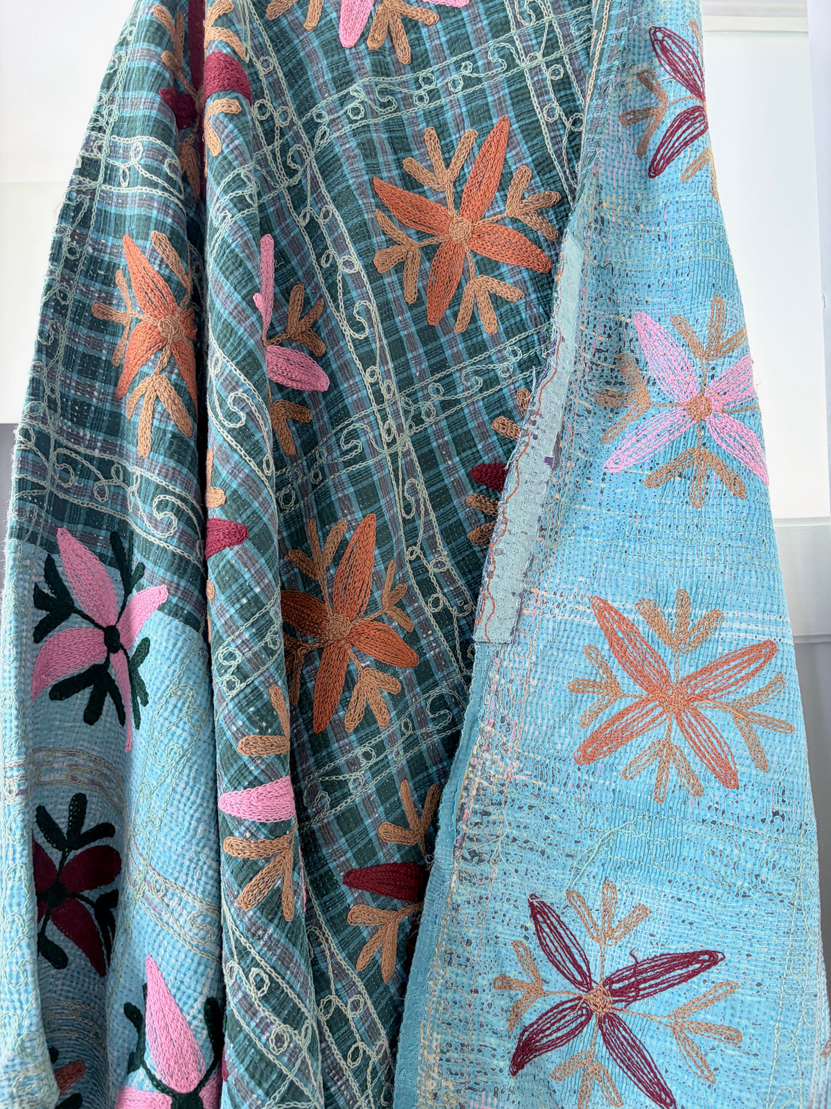 Vintage Kantha with Suzani Embroidery Throw Green and Blue