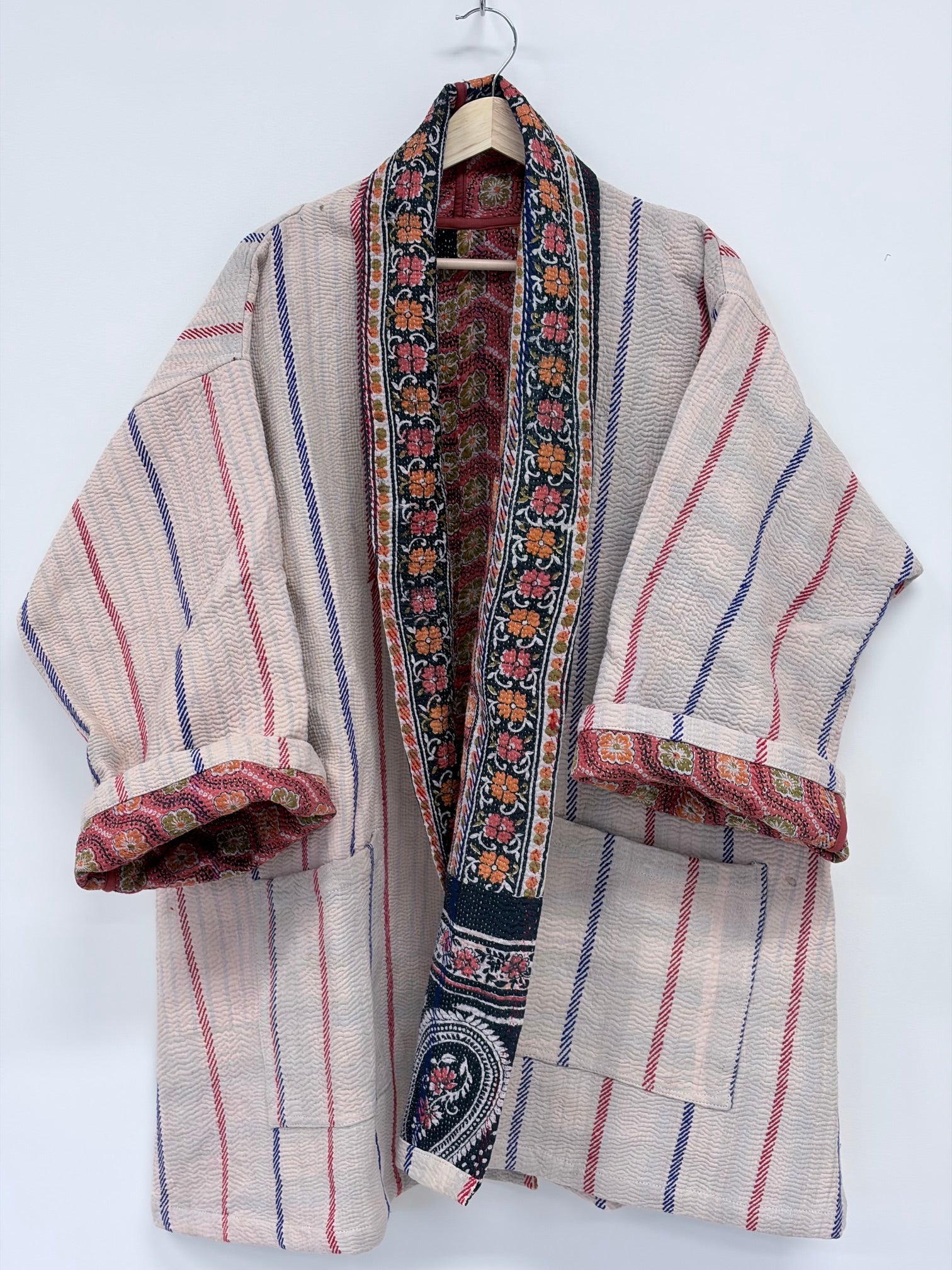 Reversible Upcycled Kantha Car Coat Embroidered Stripe