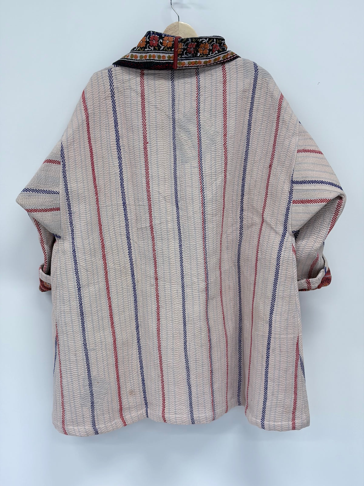 Reversible Upcycled Kantha Car Coat Embroidered Stripe