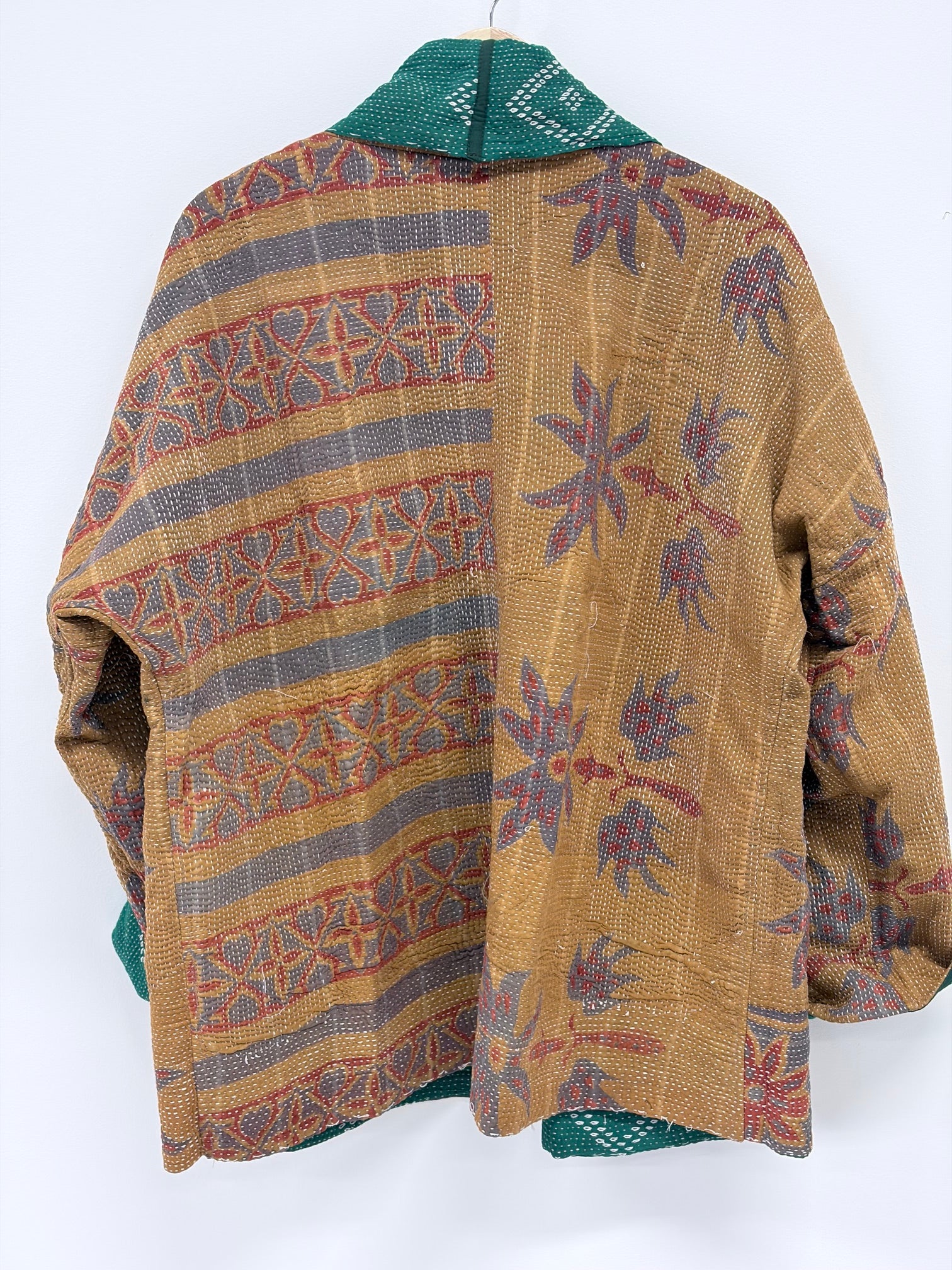Reversible Upcycled Kantha Kimono Coat Fall Browns and Green