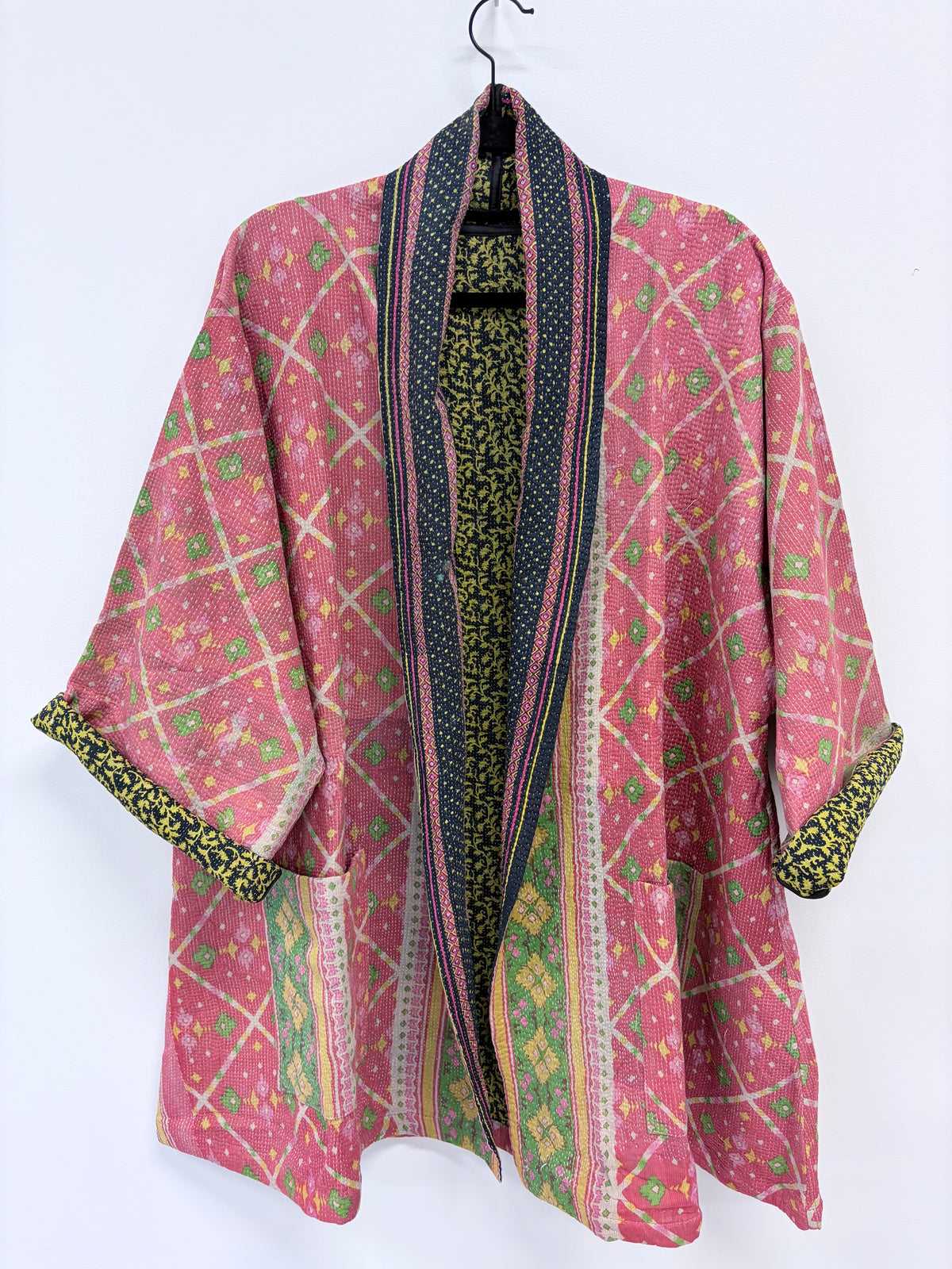 Reversible Upcycled Kantha Car Coat Pink and Greens