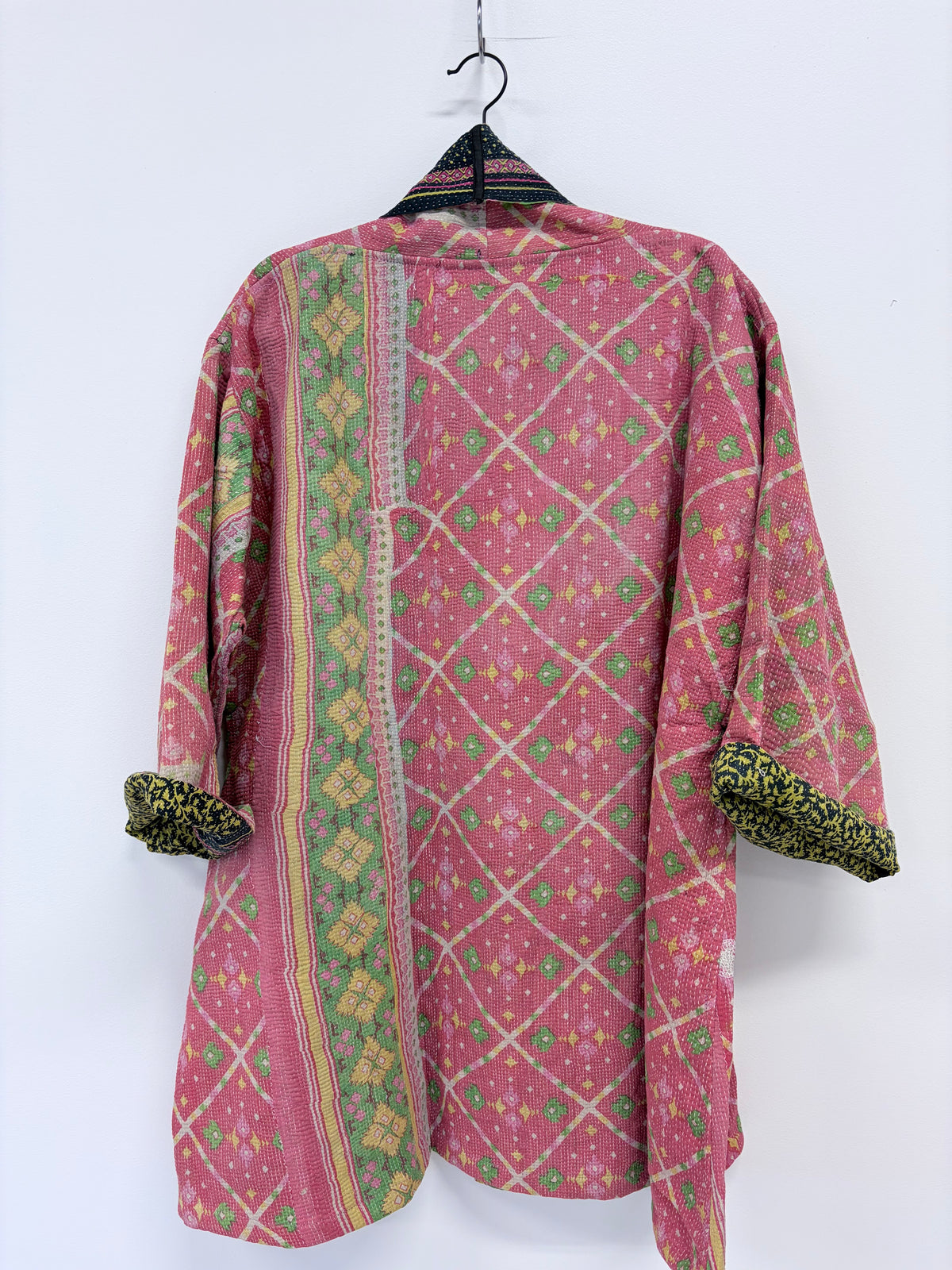 Reversible Upcycled Kantha Car Coat Pink and Greens