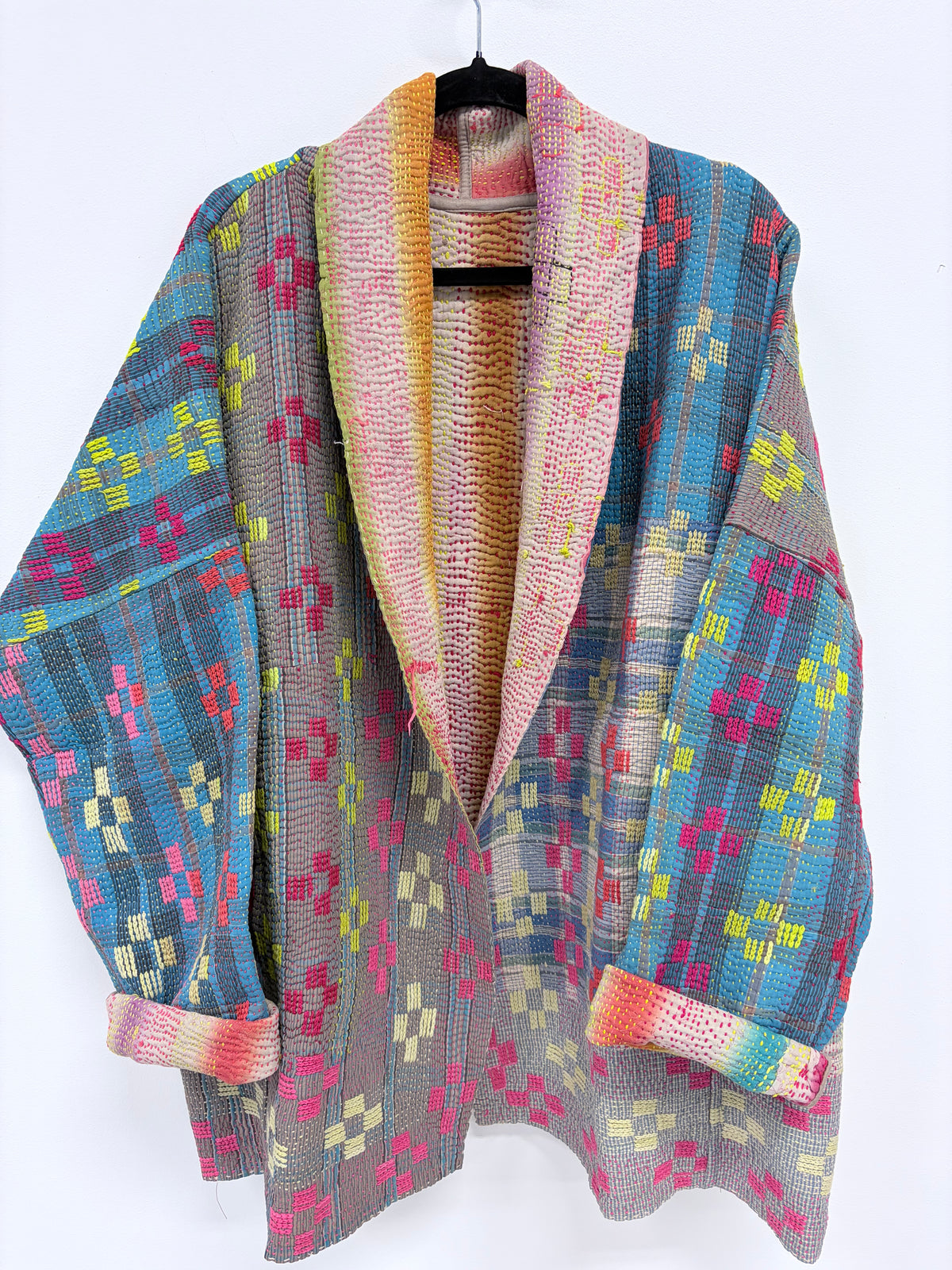 Reversible Upcycled Kantha Kimono Coat Neon Diamonds