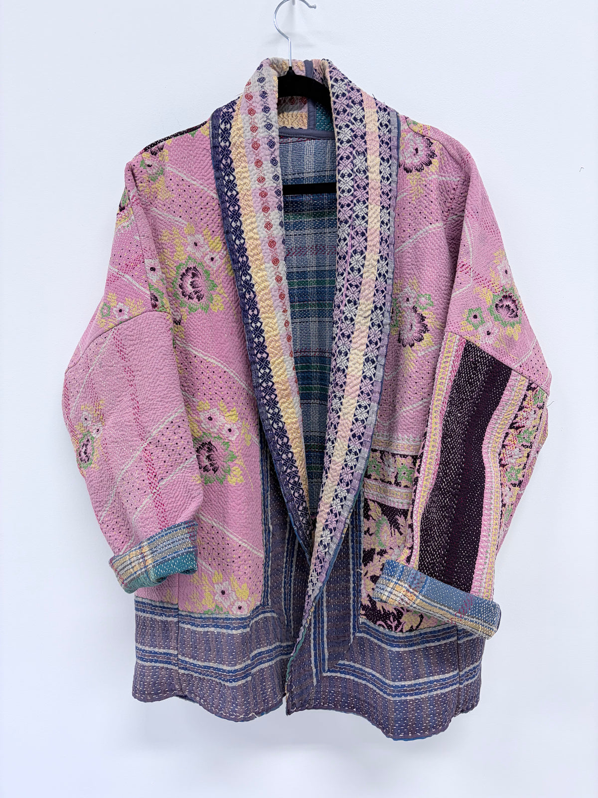Reversible Upcycled Kantha Kimono Coat Royal Purple