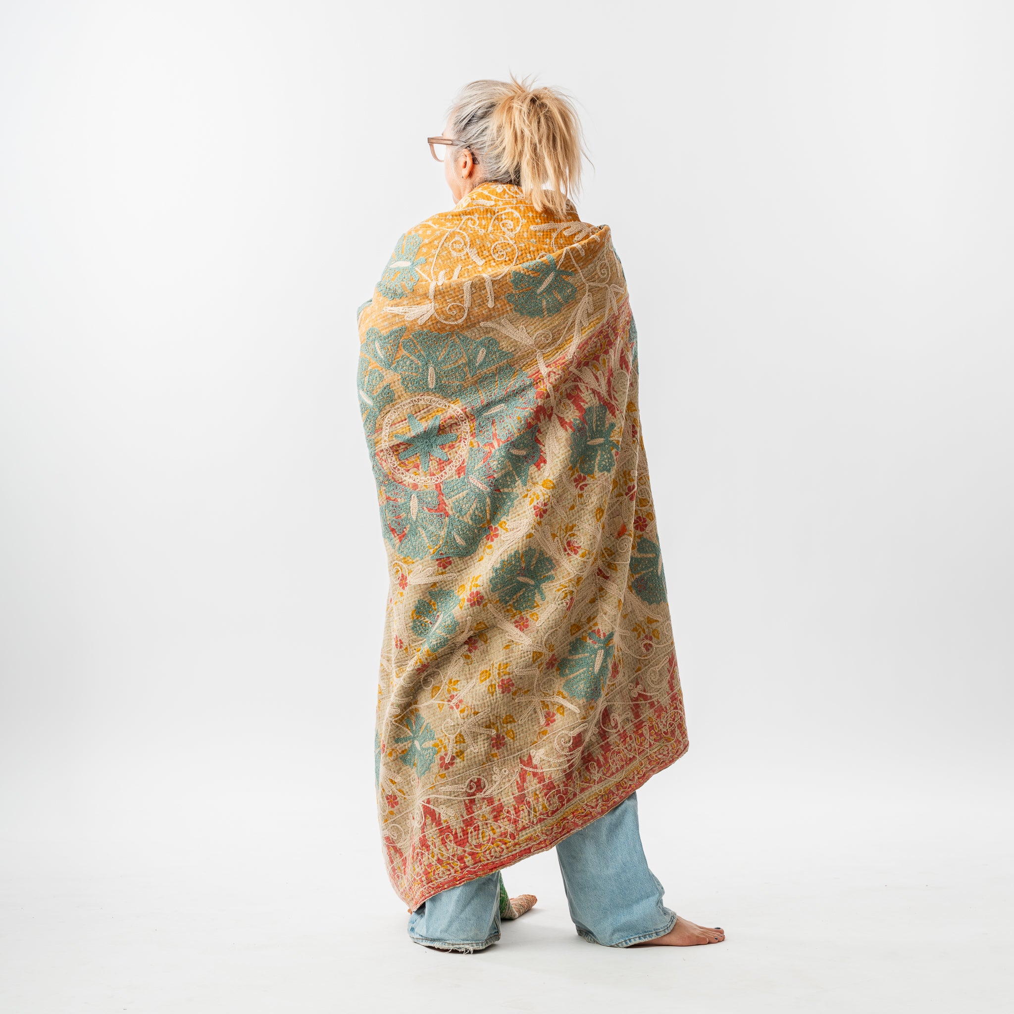 Large Suzani Bedcover on Vintage Kantha 3