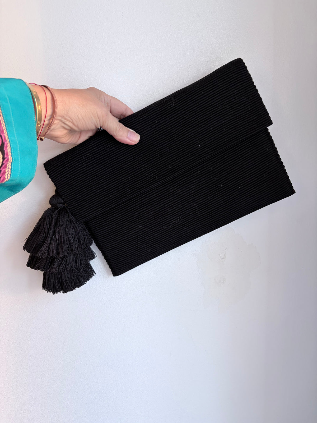 Peruvian Large Hand Woven Hand Clutch with Pompom Black