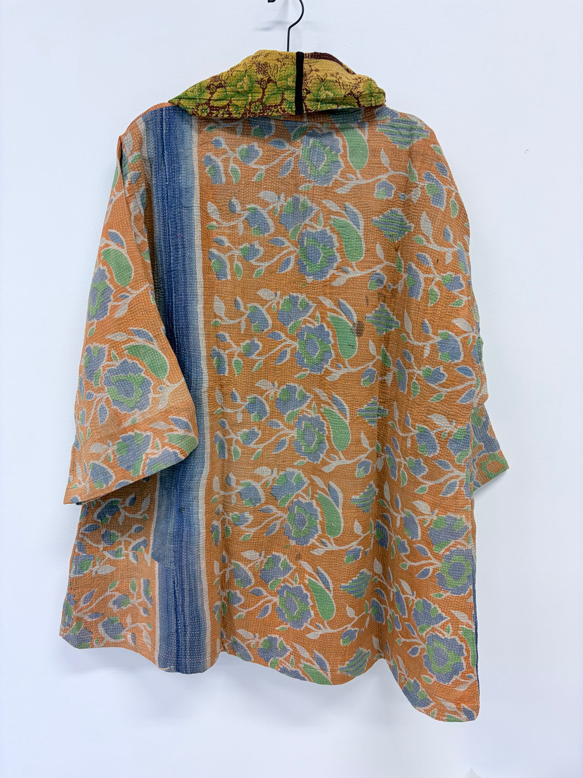 Reversible Upcycled Kantha Car Coat Peach and Blue