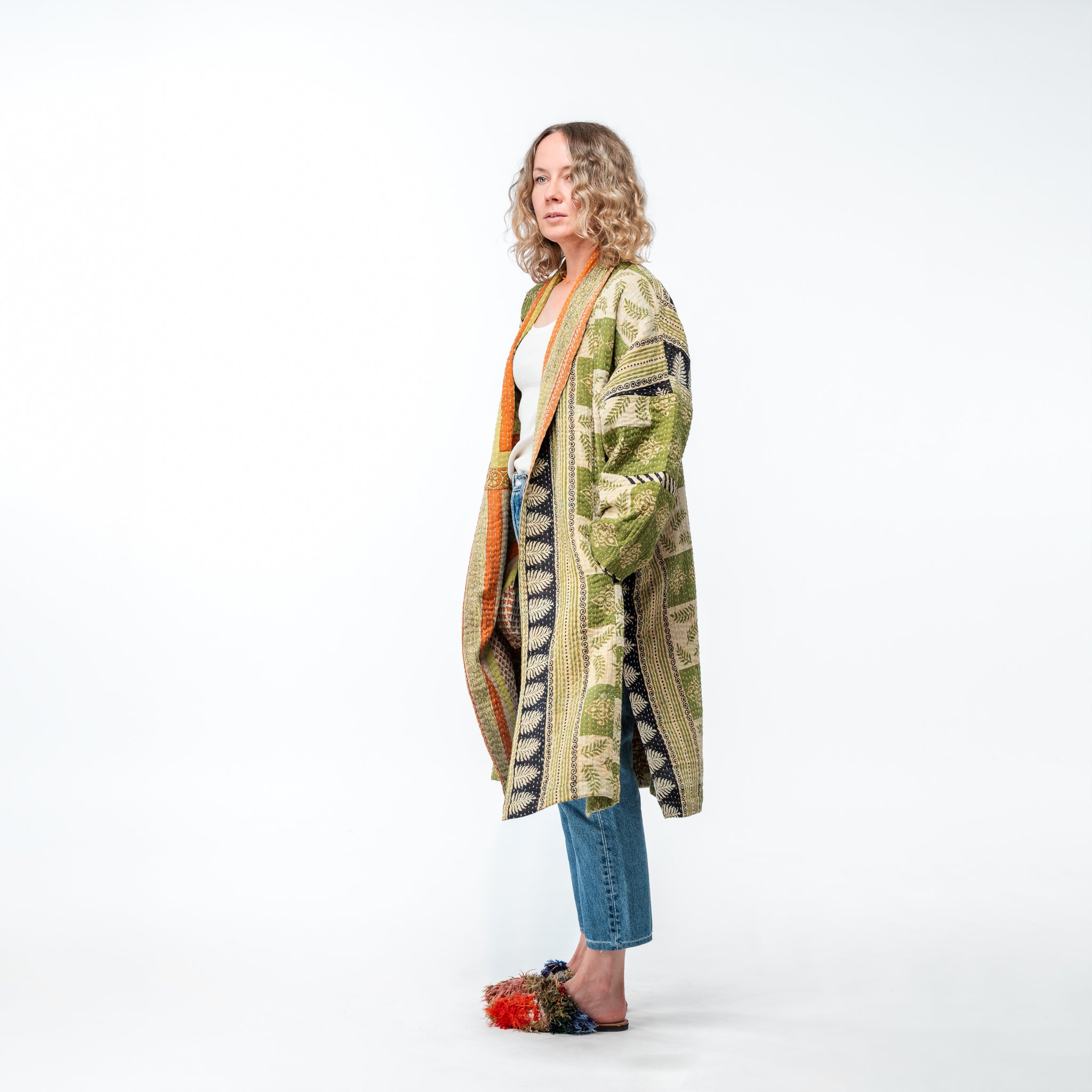 Up-cycled Kantha Coat Quilted Greens