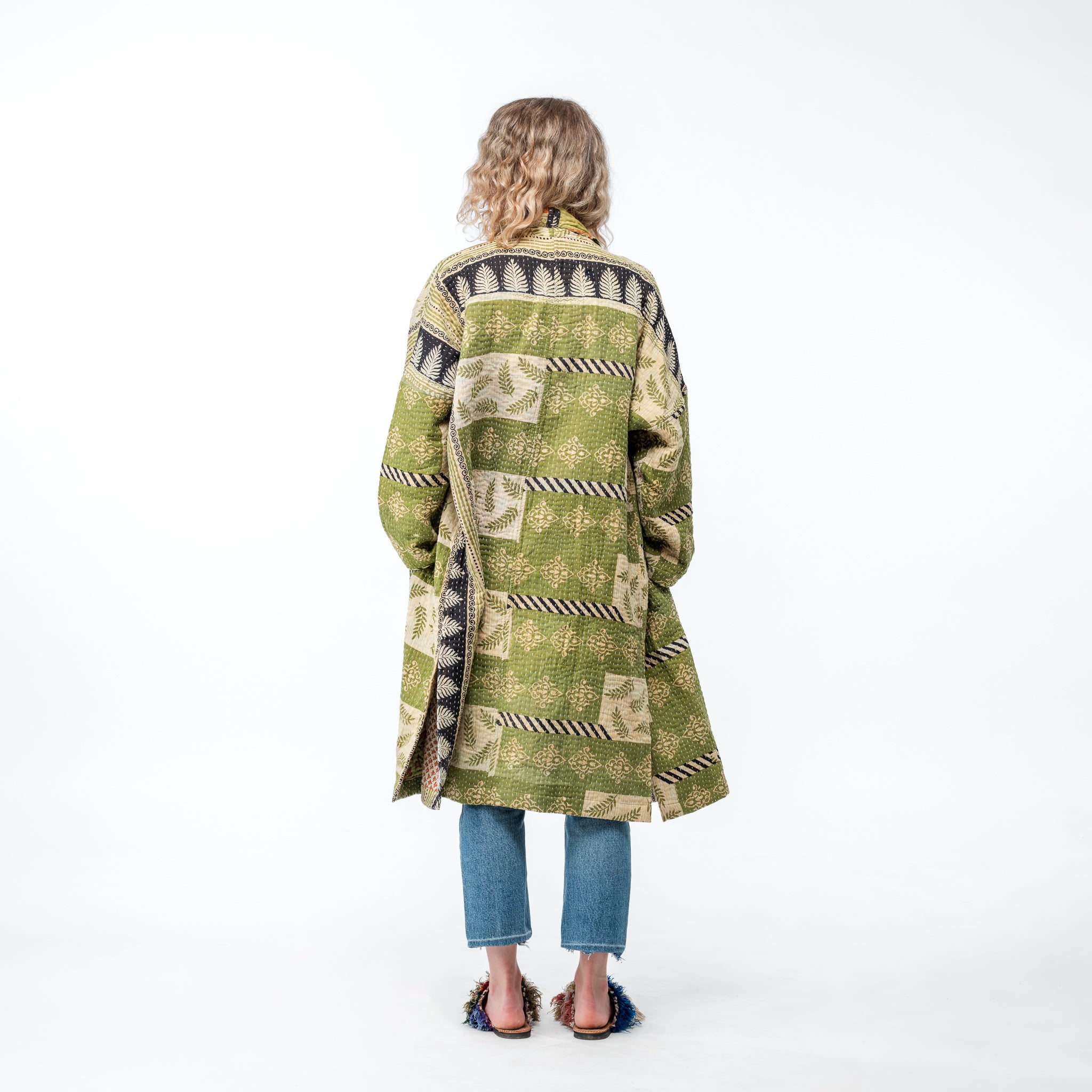 Up-cycled Kantha Coat Quilted Greens