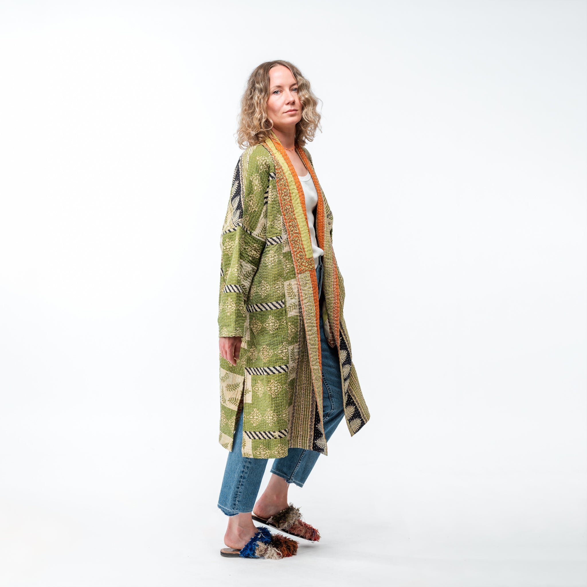 Up-cycled Kantha Coat Quilted Greens