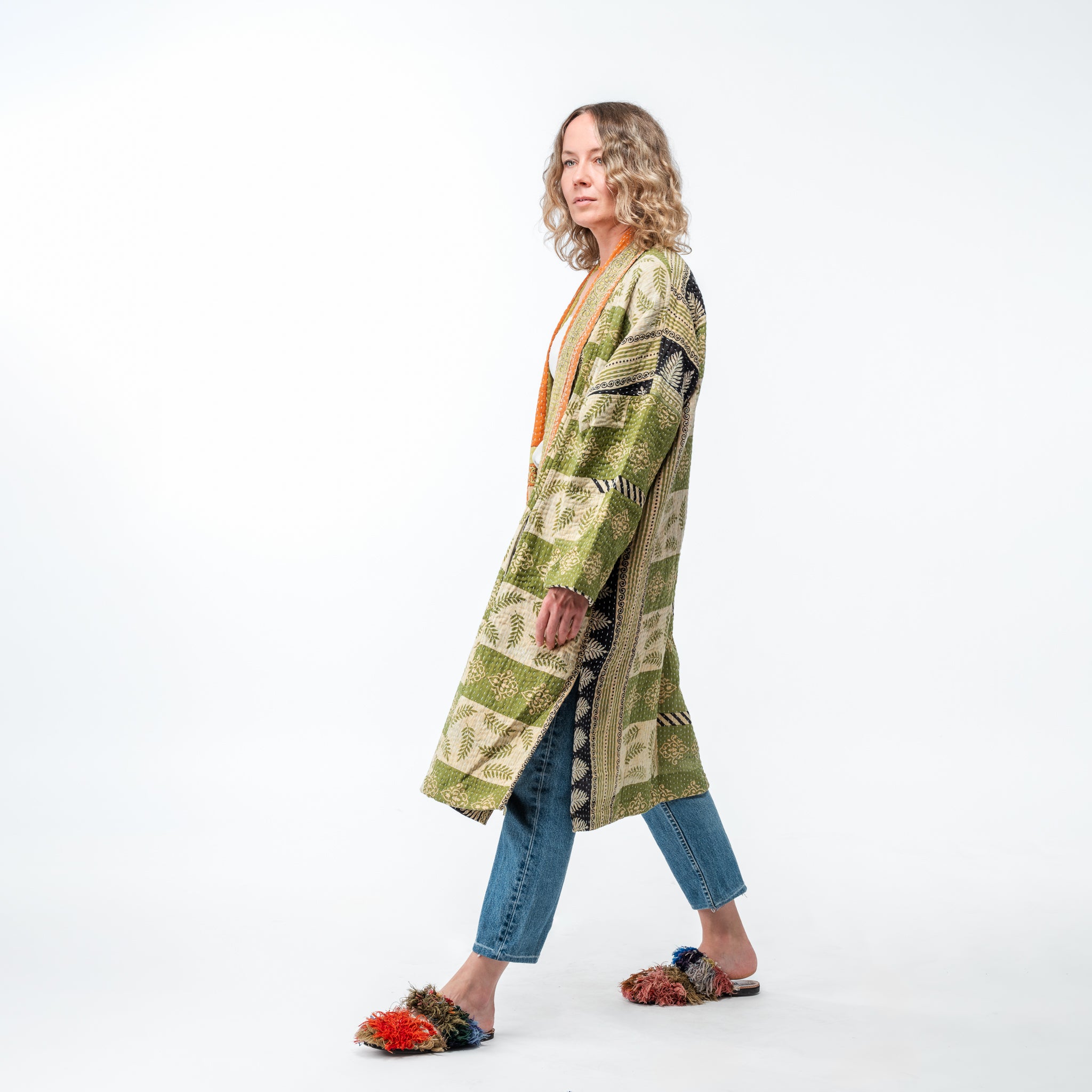 Up-cycled Kantha Coat Quilted Greens