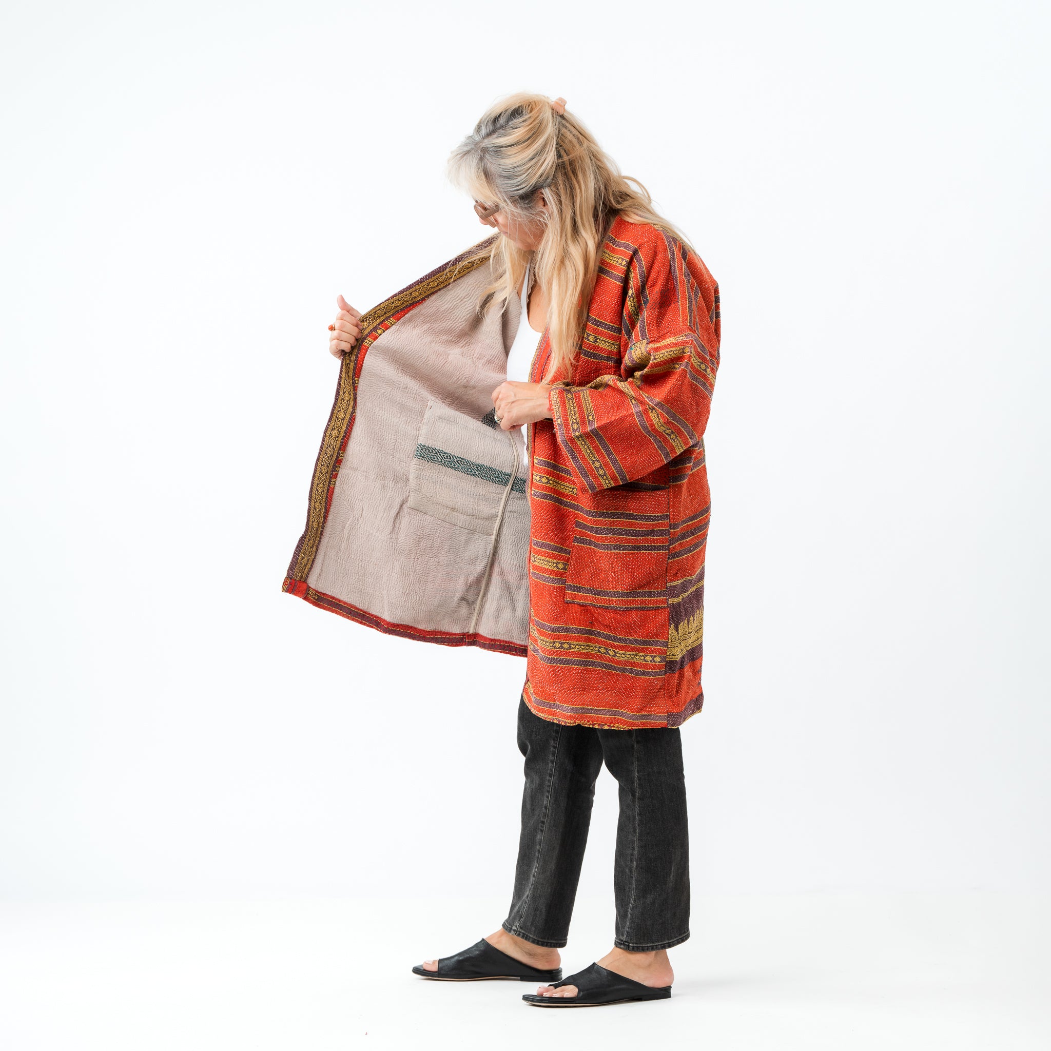 Upcycled Kantha Coat Distressed Red with Gold