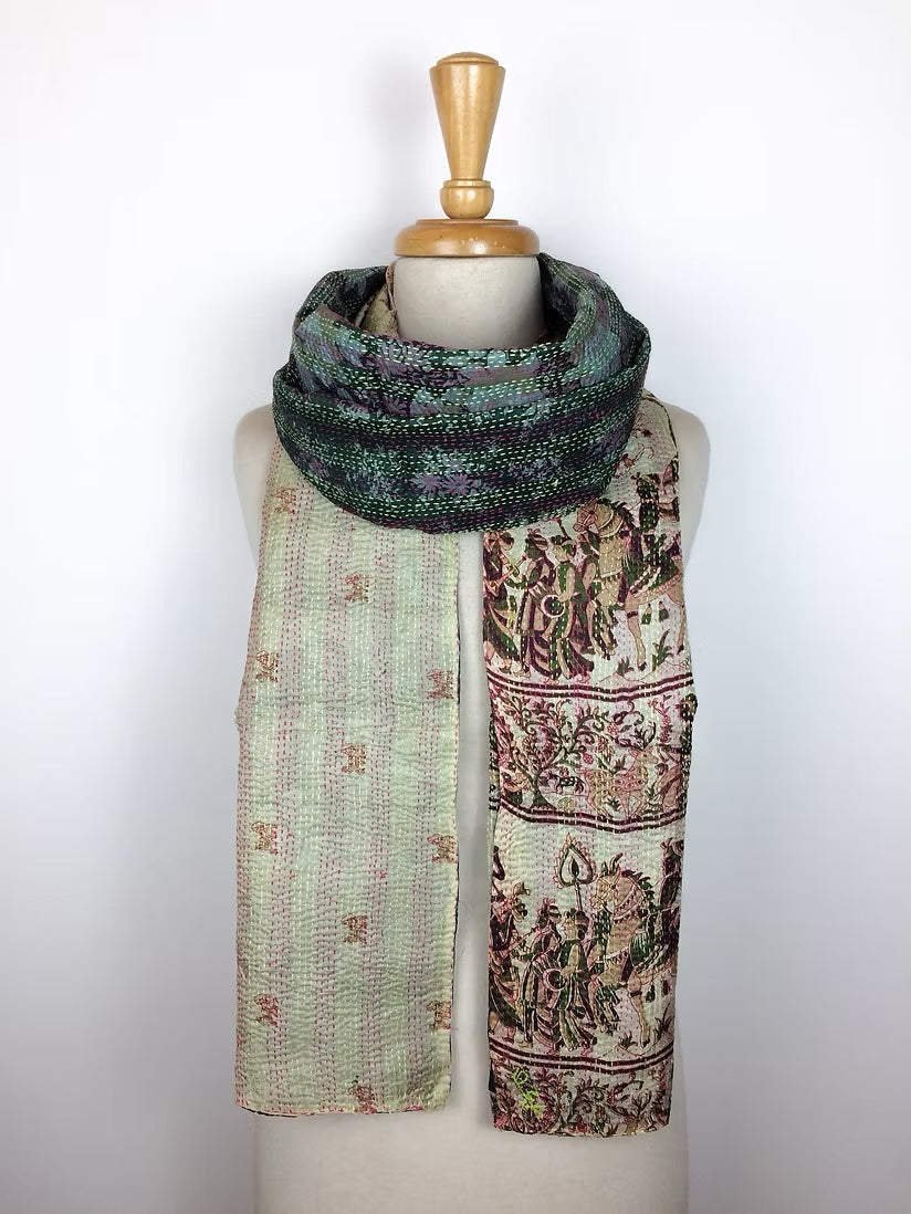 Upcycled Silk Saris Scarf Beige Green