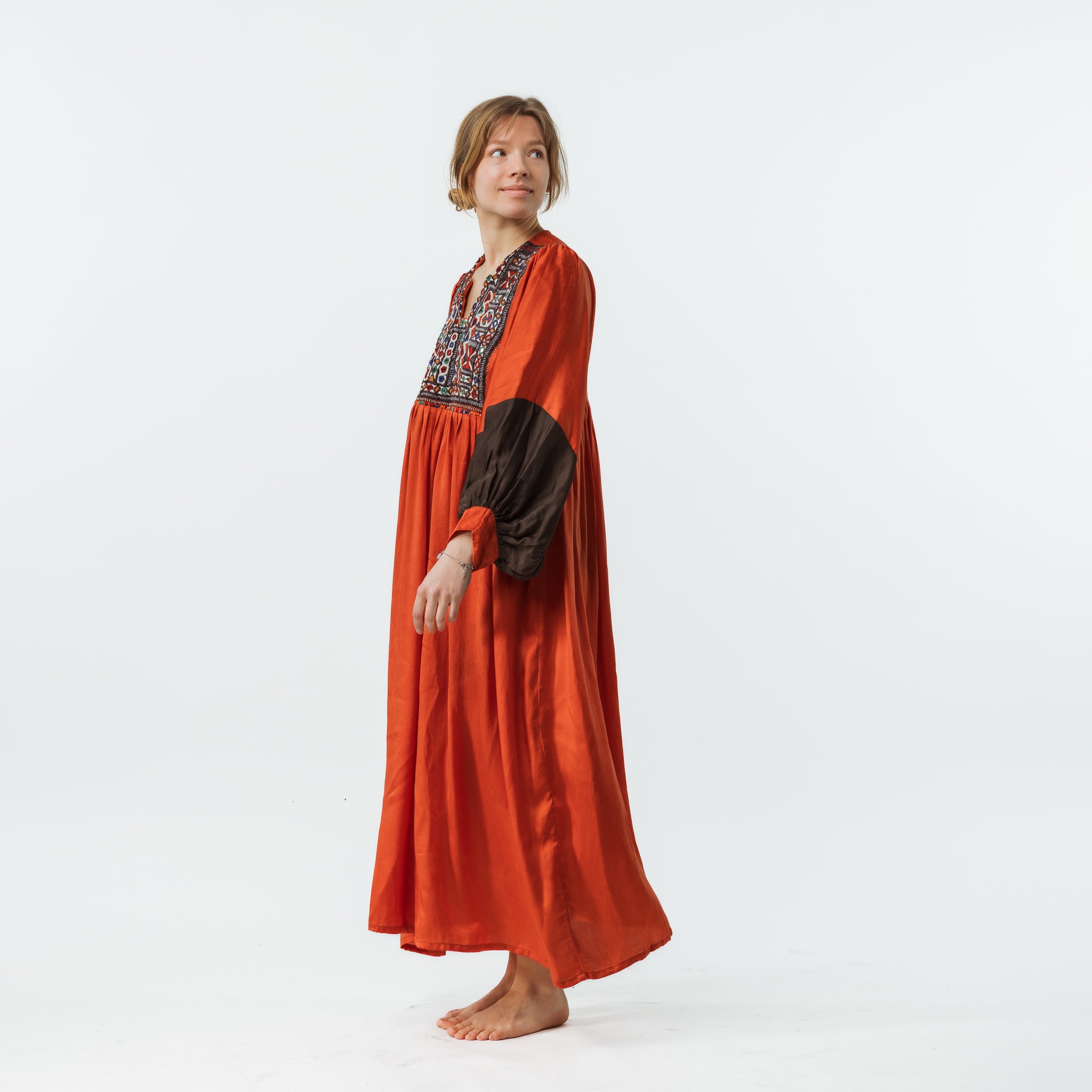 Vintage Bibbed Burnt Orange Satin Maxi with Brown Sleeves