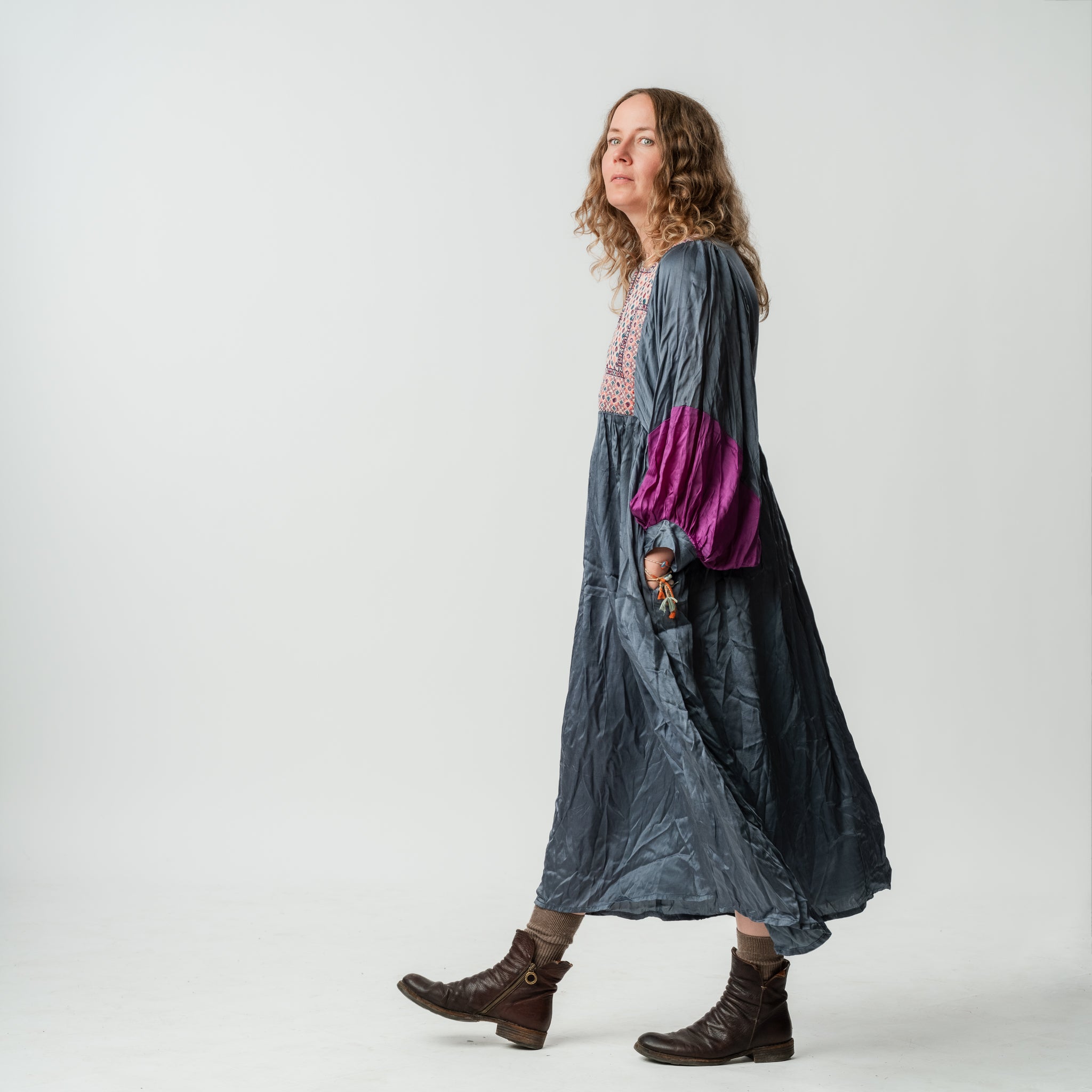 Vintage Bibbed Grey Satin Maxi