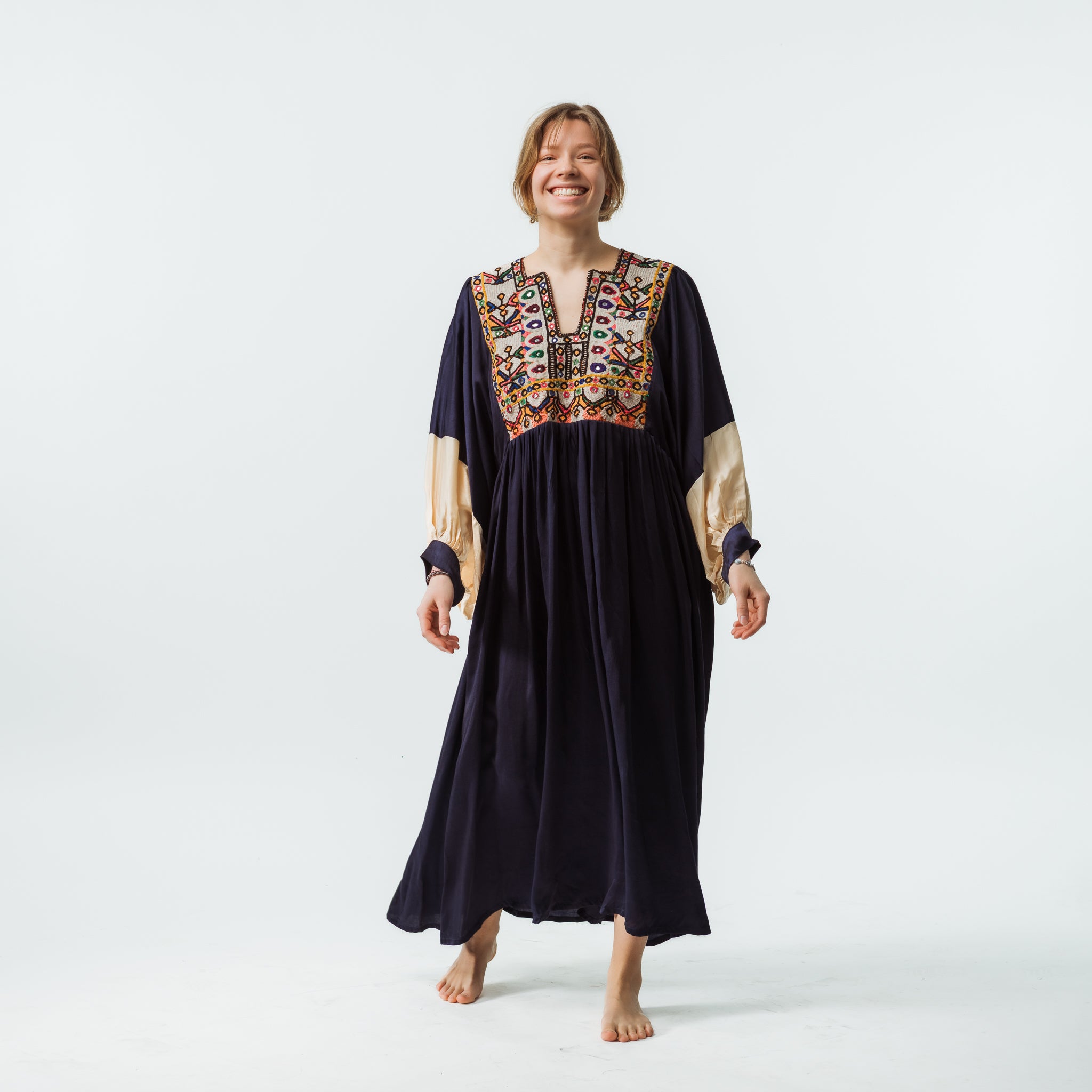 Vintage Bibbed Navy Satin Maxi with Beige Sleeves