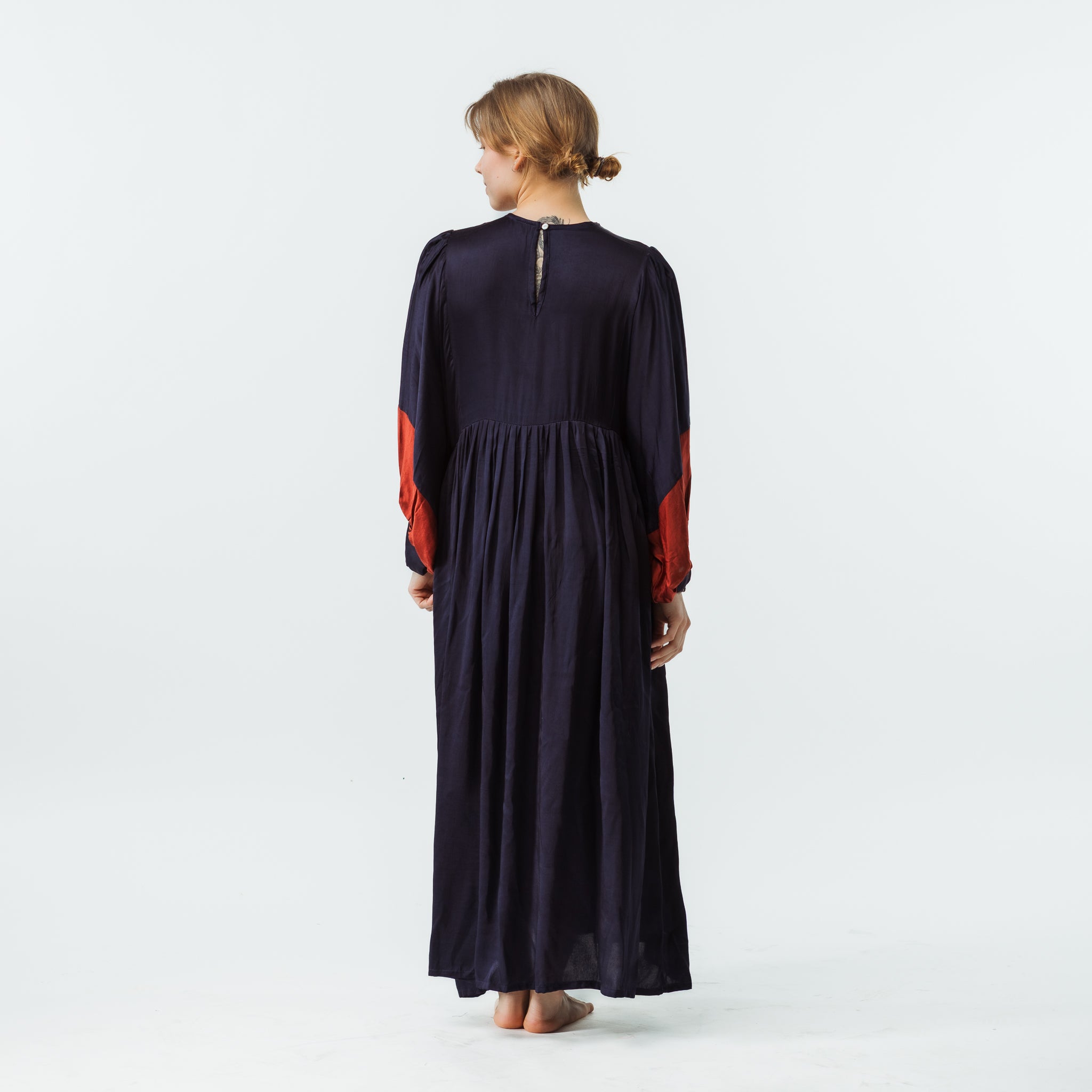 Vintage Bibbed Navy Satin Maxi with Maroon Sleeves