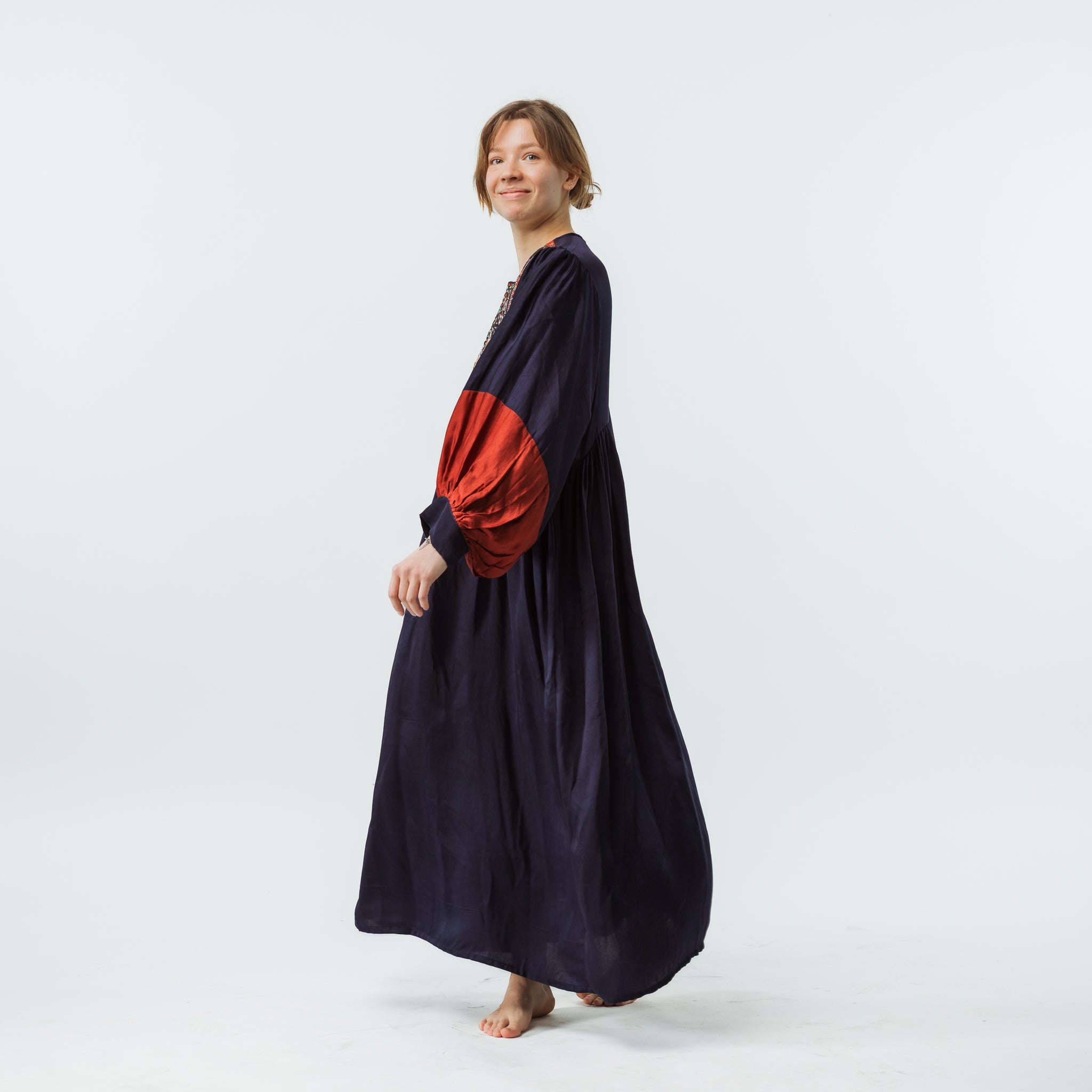 Vintage Bibbed Navy Satin Maxi with Maroon Sleeves