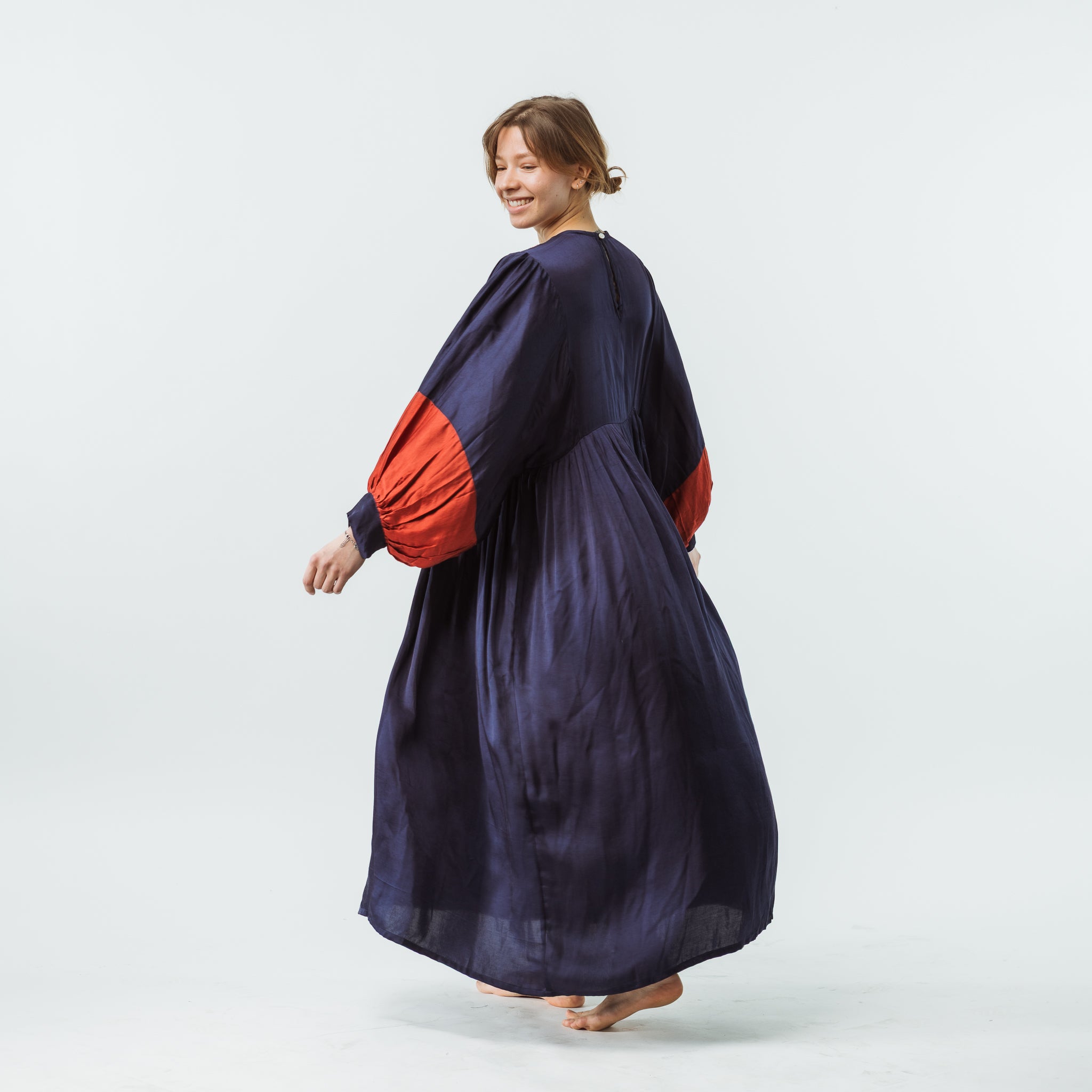 Vintage Bibbed Navy Satin Maxi with Maroon Sleeves