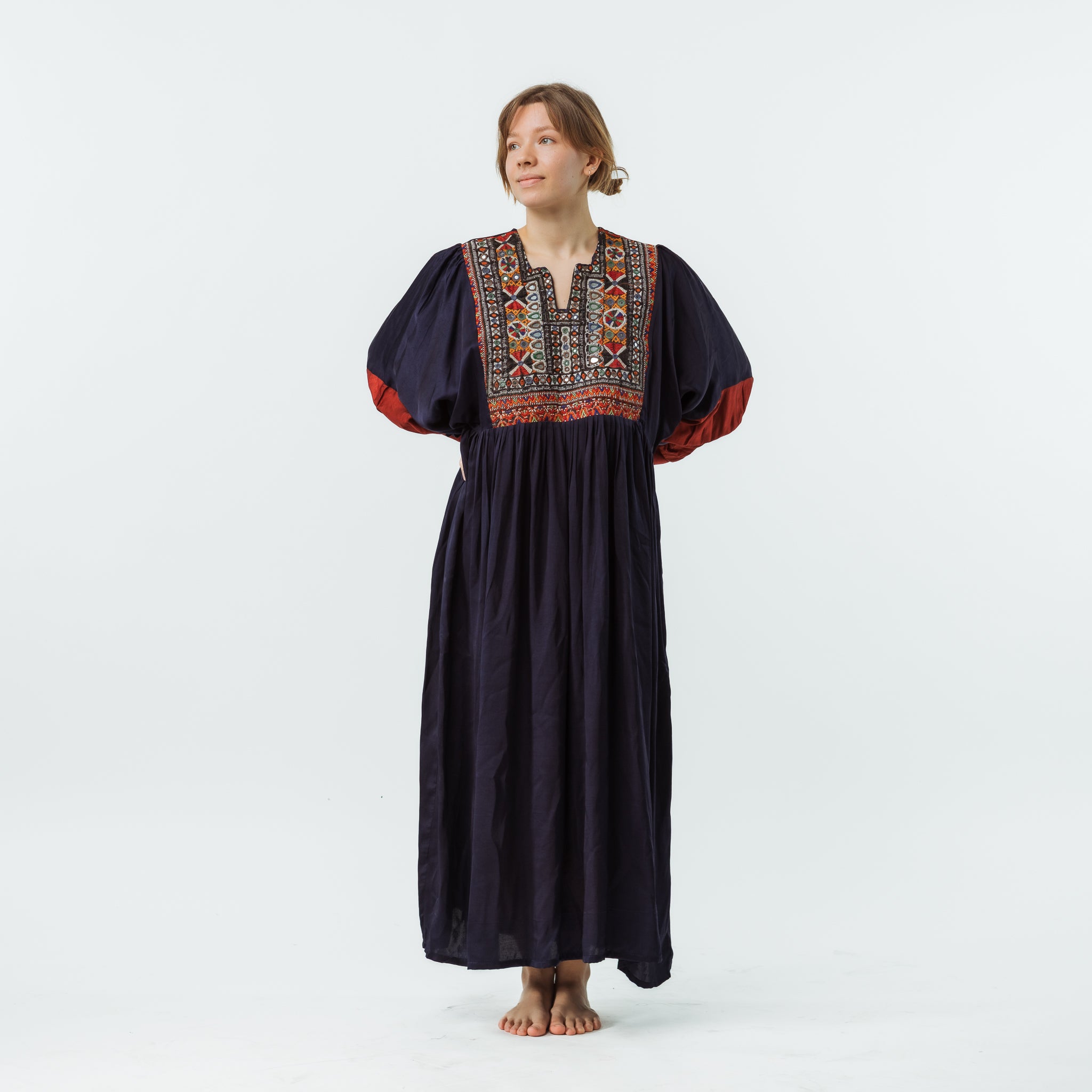 Vintage Bibbed Navy Satin Maxi with Maroon Sleeves