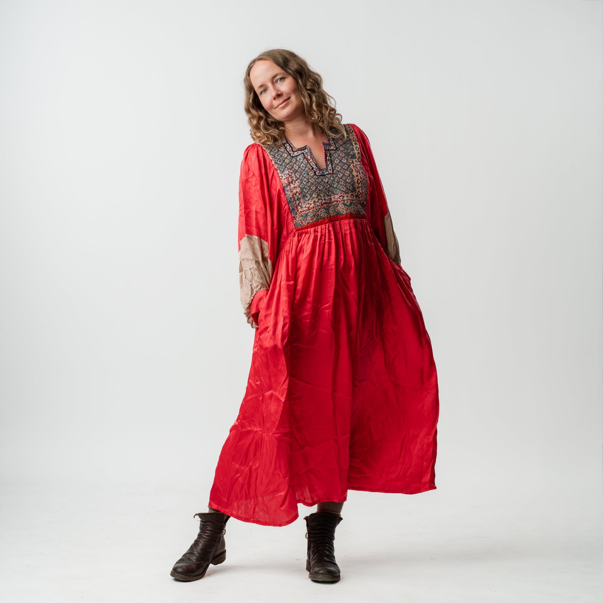 Vintage Bibbed Pink Satin Maxi