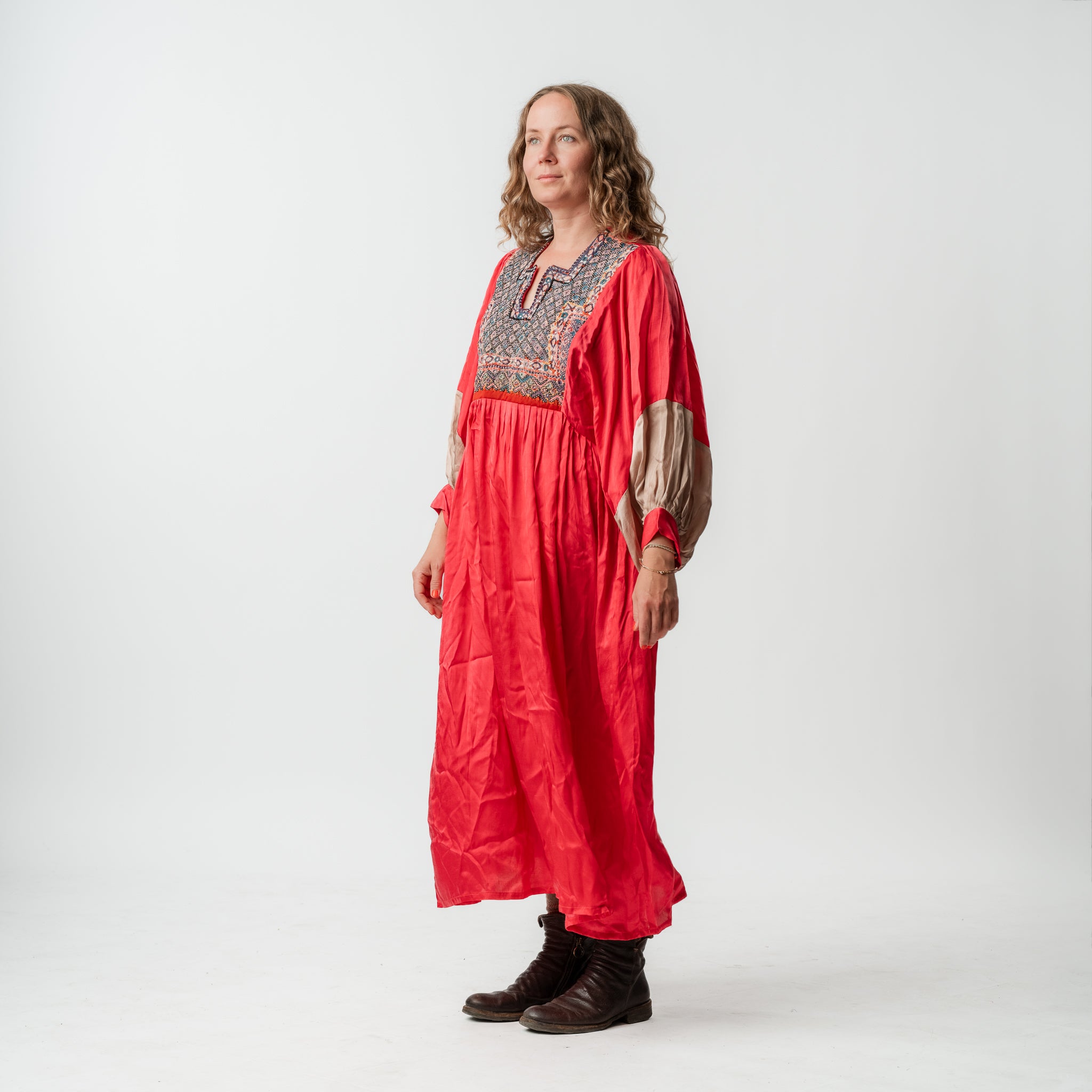 Vintage Bibbed Pink Satin Maxi