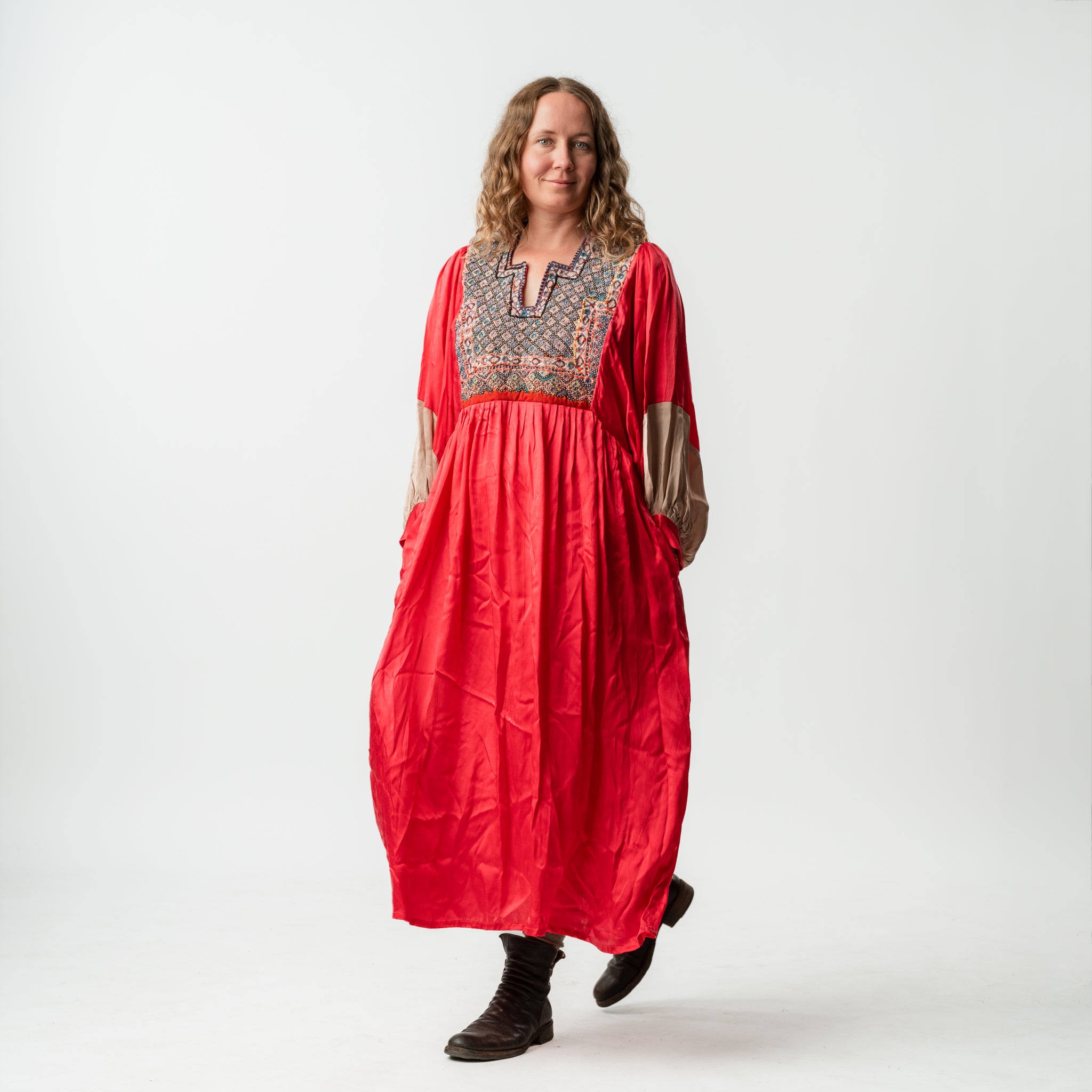 Vintage Bibbed Pink Satin Maxi
