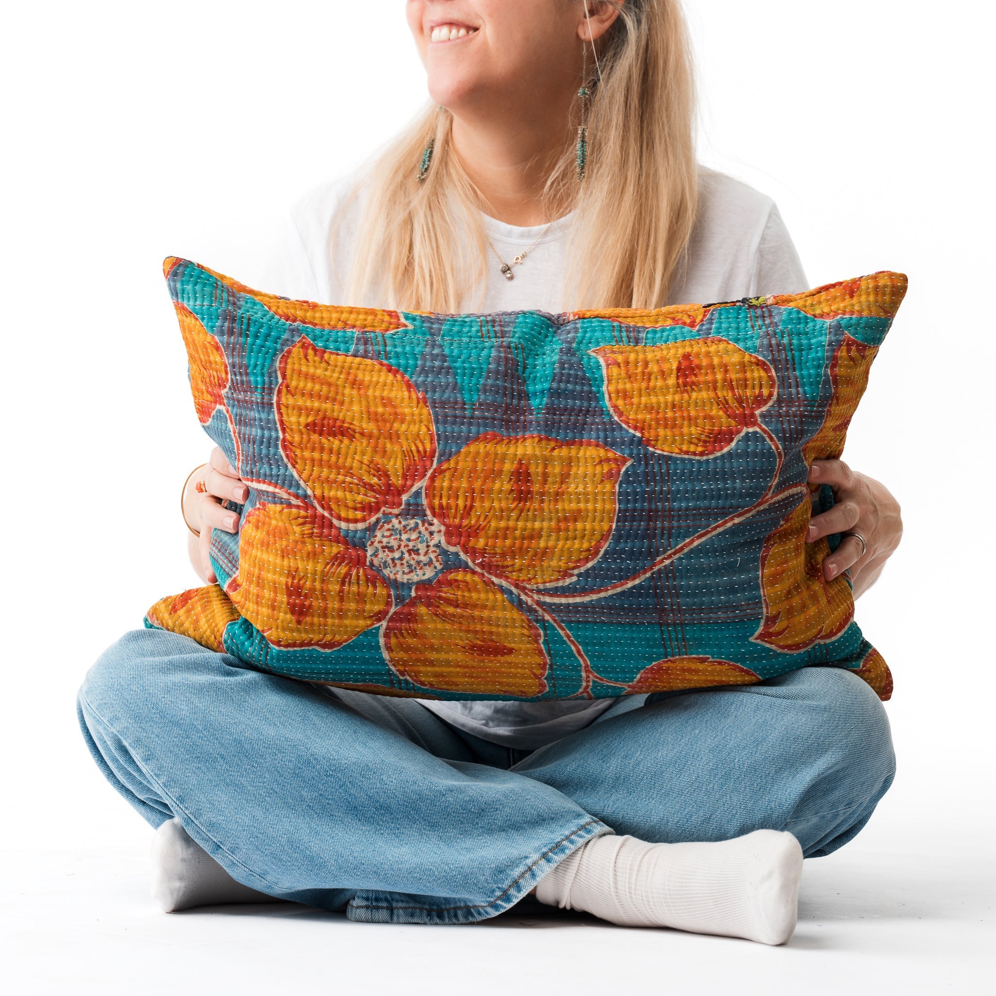 Vintage Kantha Pillow Star Flower-1