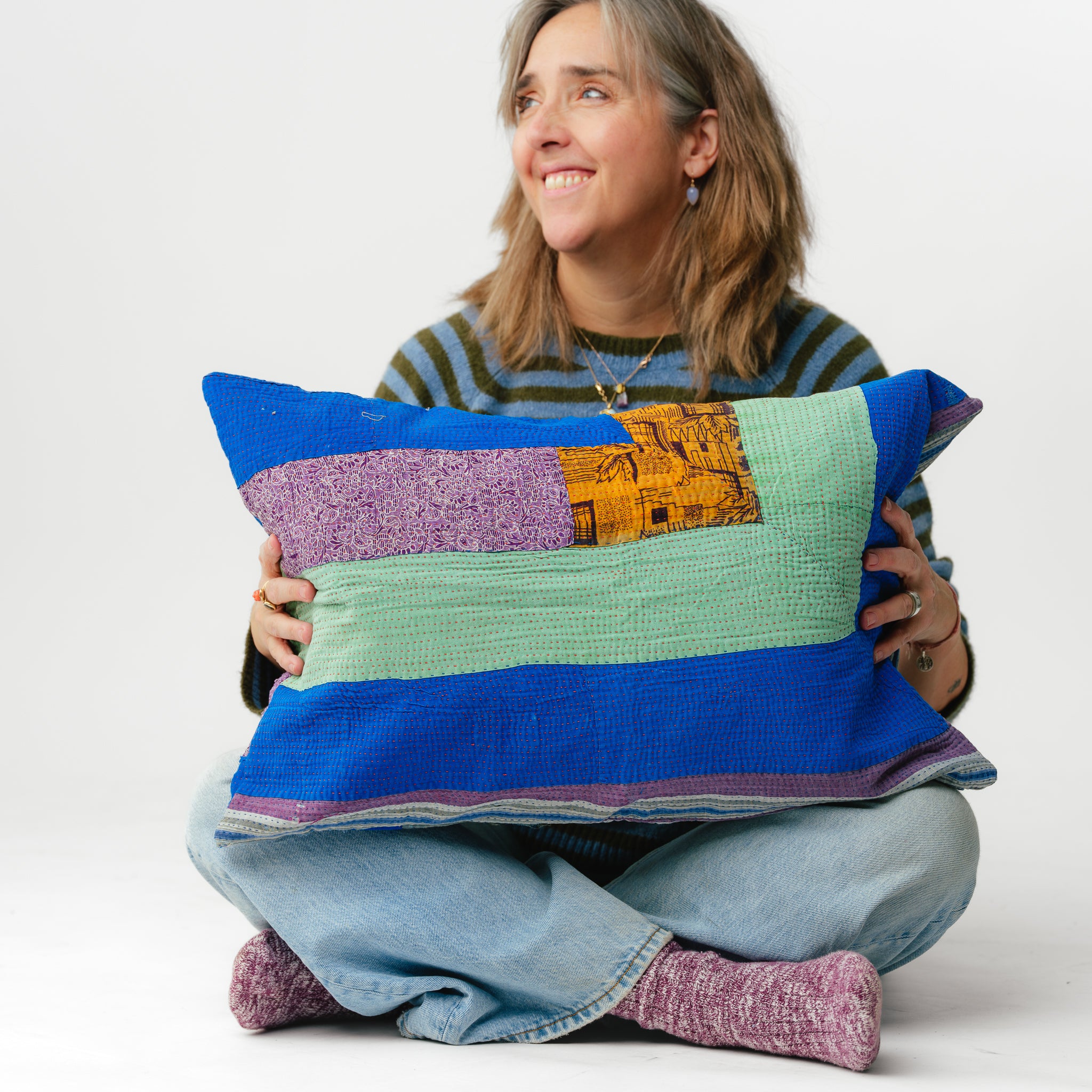 Vintage Kantha Pillow Quilted