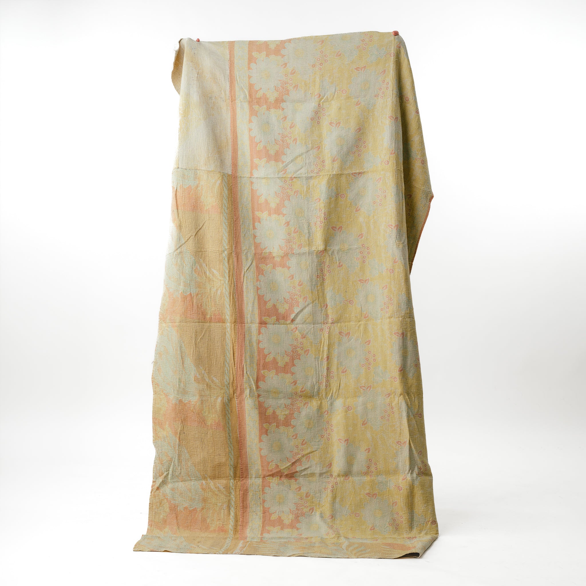 Vintage Kantha Throw Biege, Pinks and Yellows