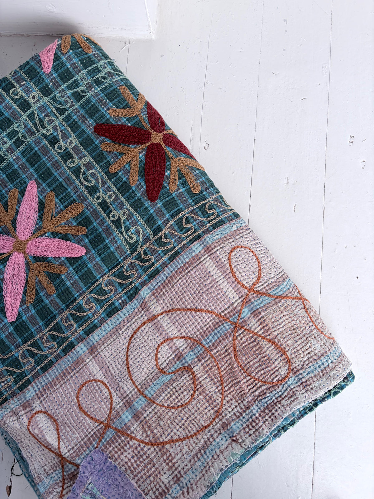 Vintage Kantha with Suzani Embroidery Throw Green and Blue