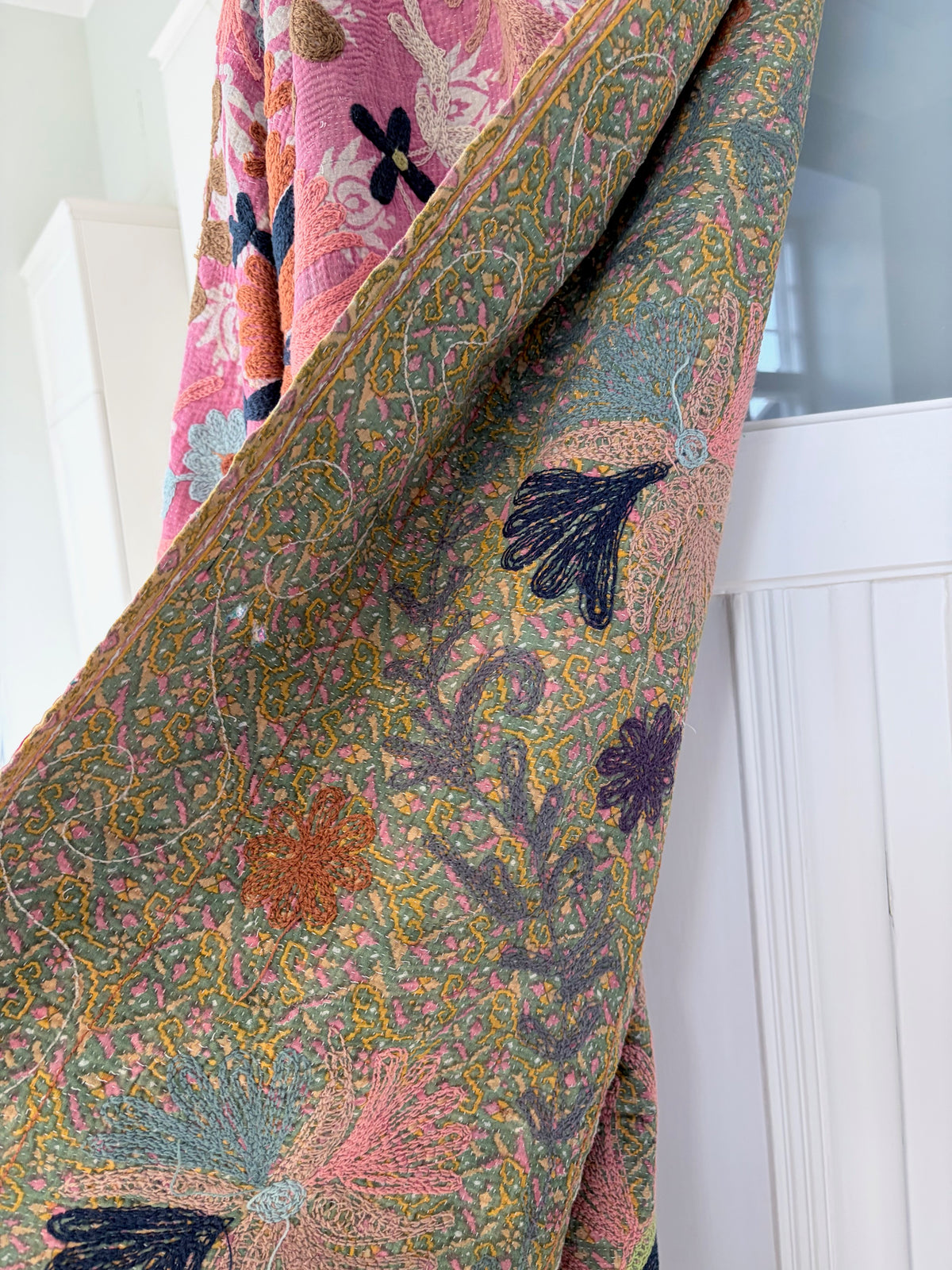 Vintage Kantha with Suzani Embroidery Throw Pinks