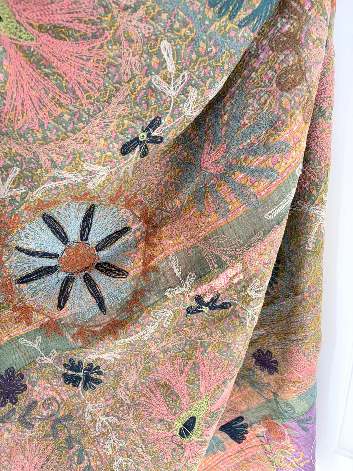 Vintage Kantha with Suzani Embroidery Throw Pinks
