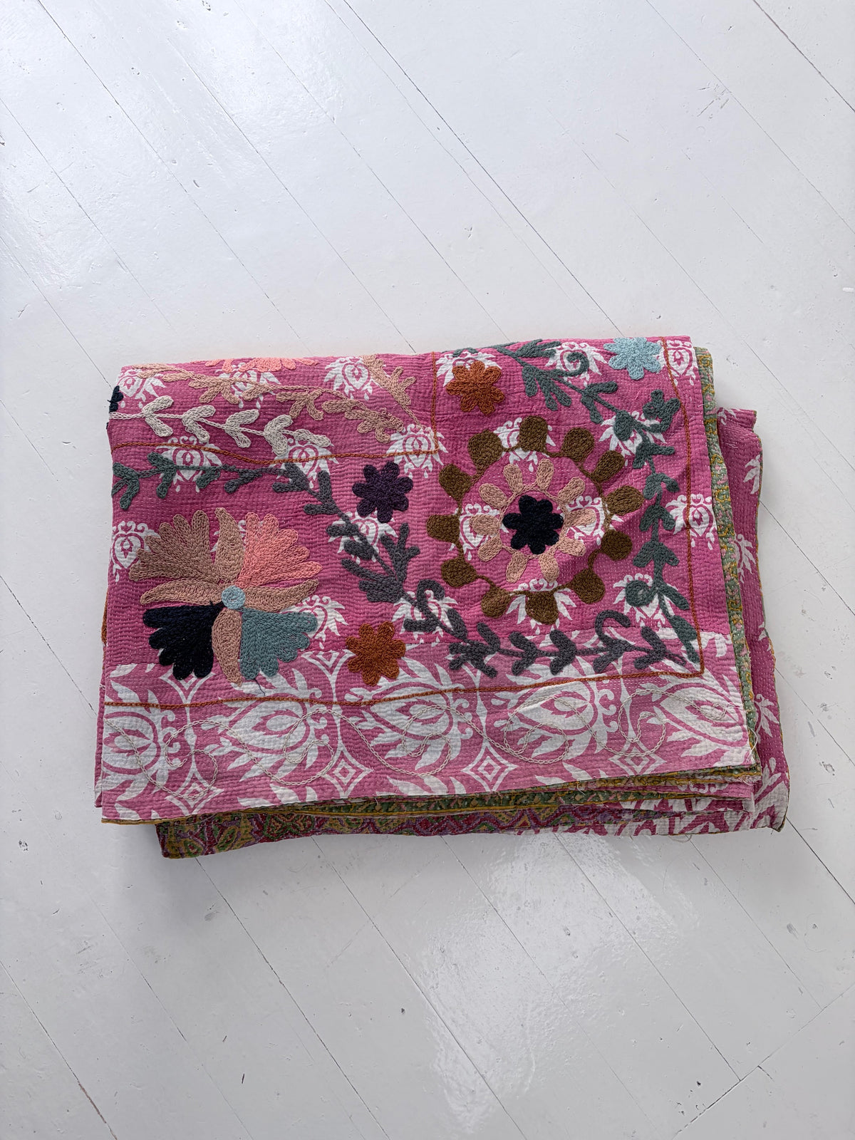 Vintage Kantha with Suzani Embroidery Throw Pinks