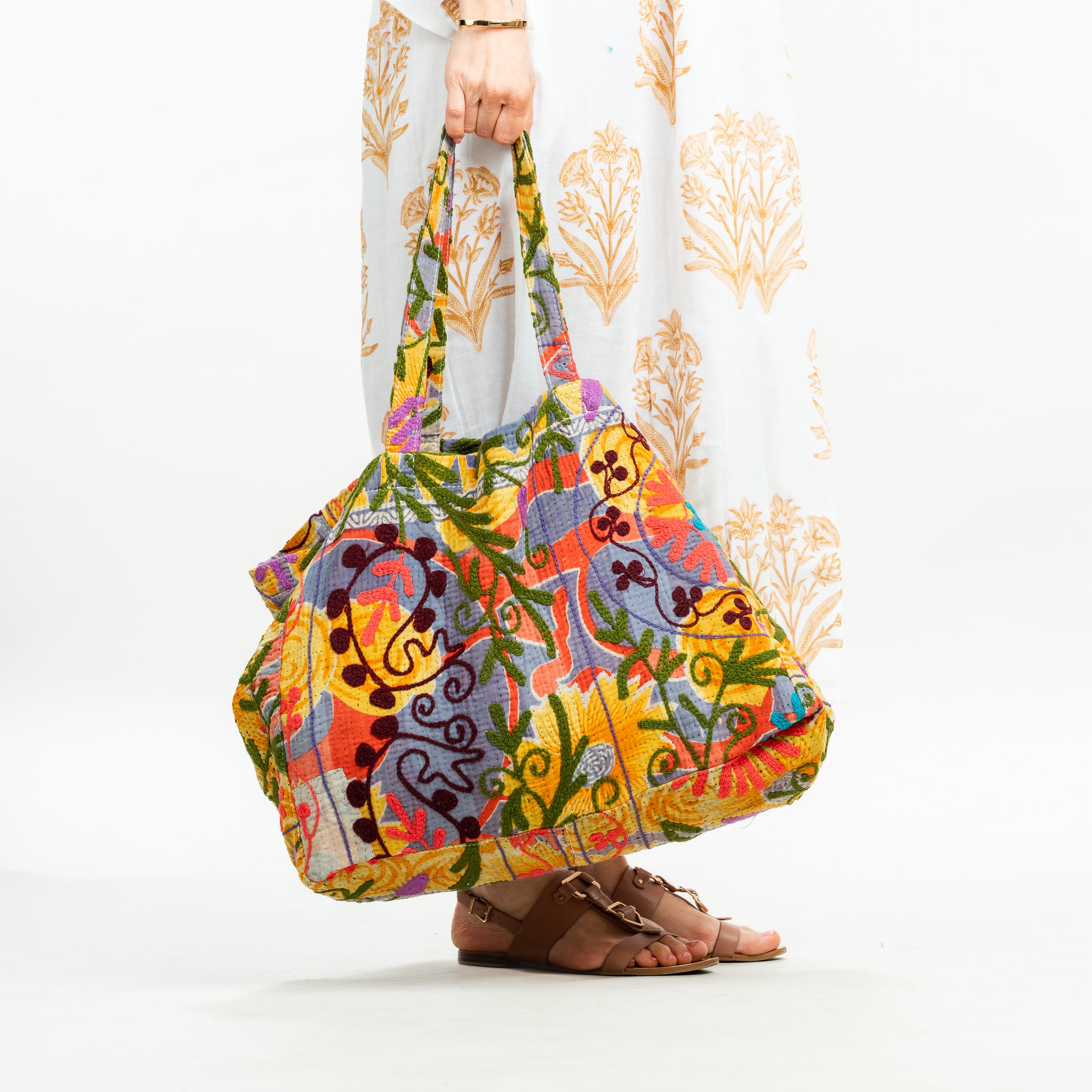 Vintage Suzani Embroidered Beach Bag Orange