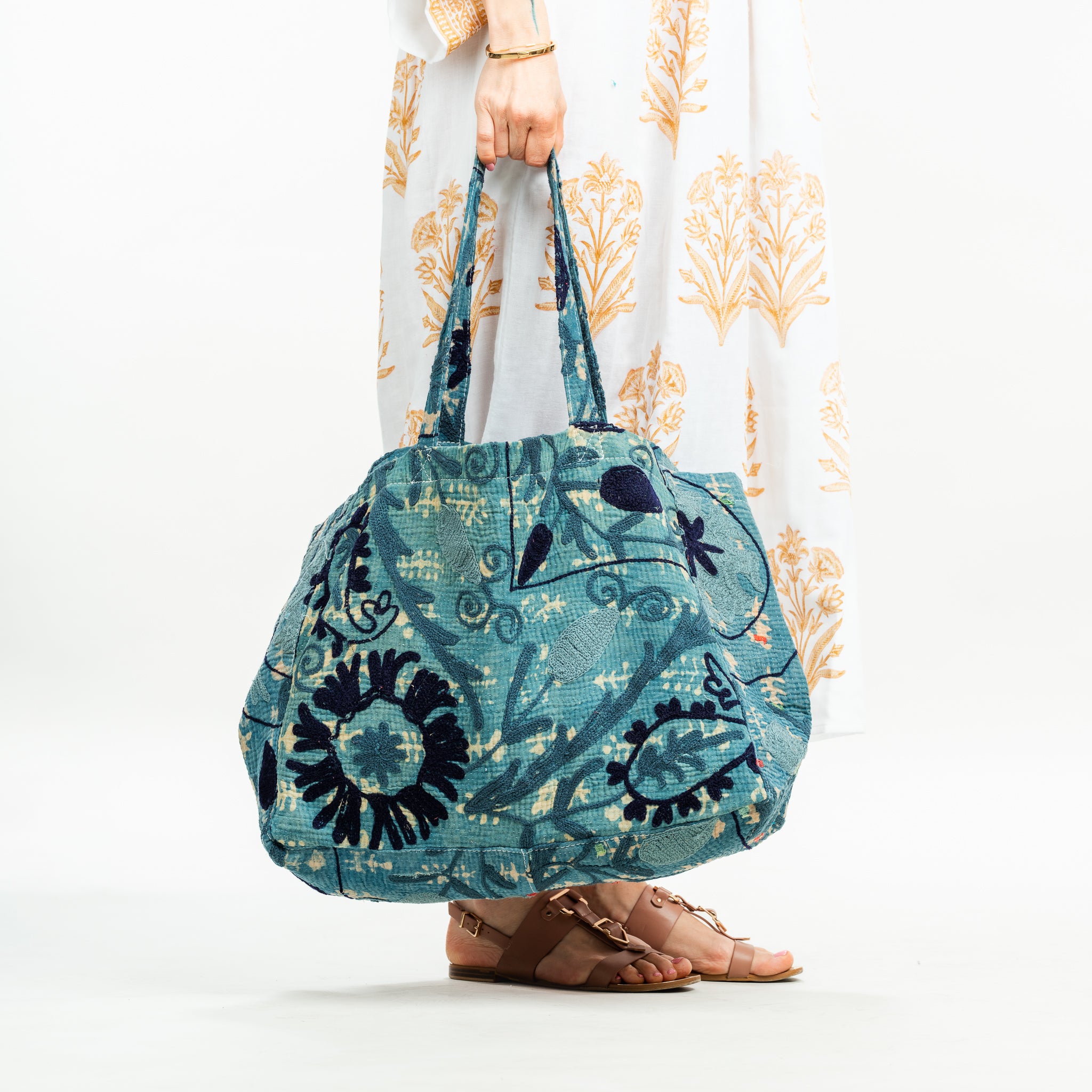 Vintage Suzani Embroidered Beach Bag Blue