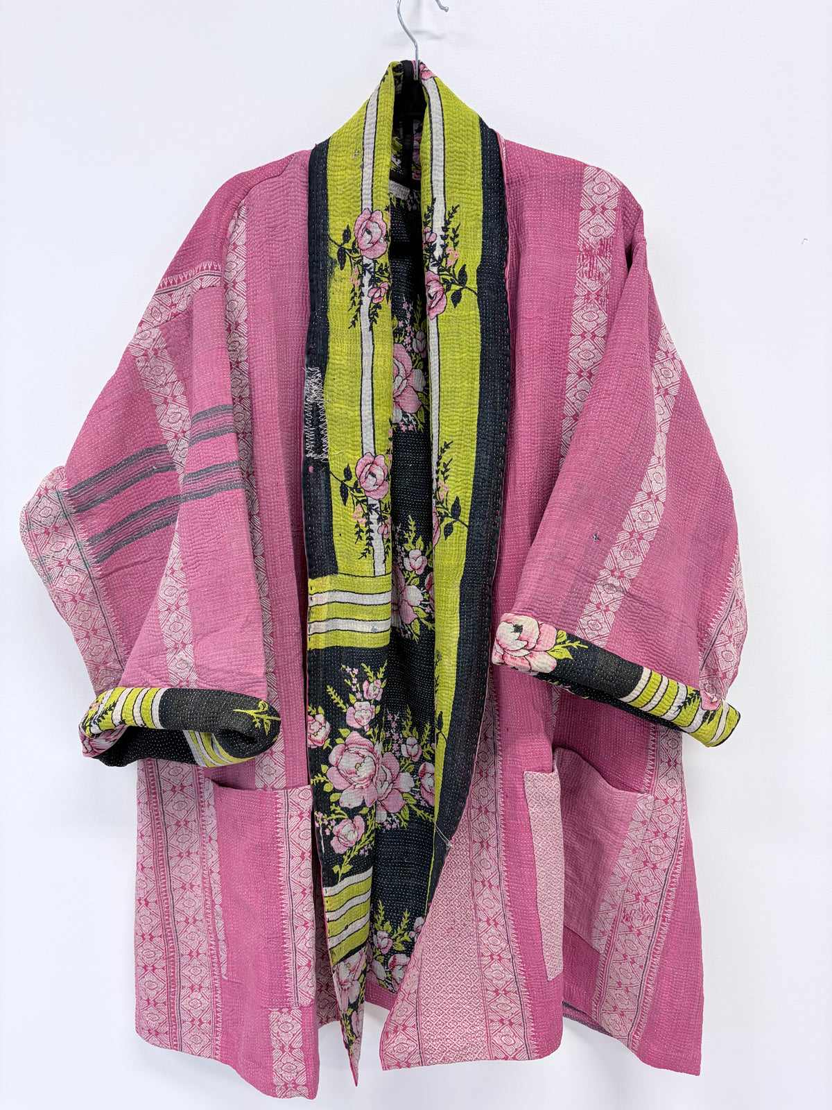 Reversible Upcycled Kantha Car Coat Pink Embroidered Stripes