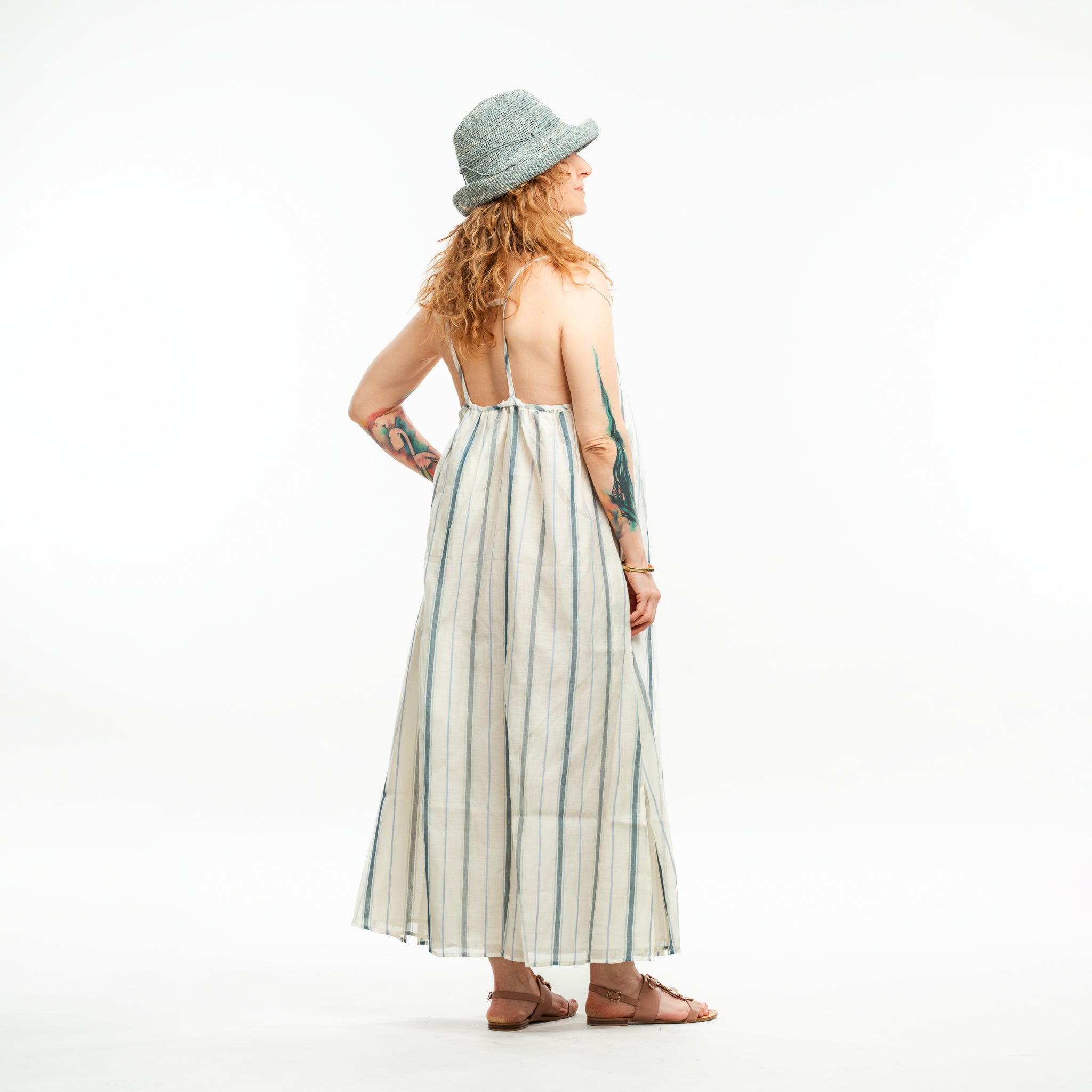 Cotton Silk Striped Halter Dress 