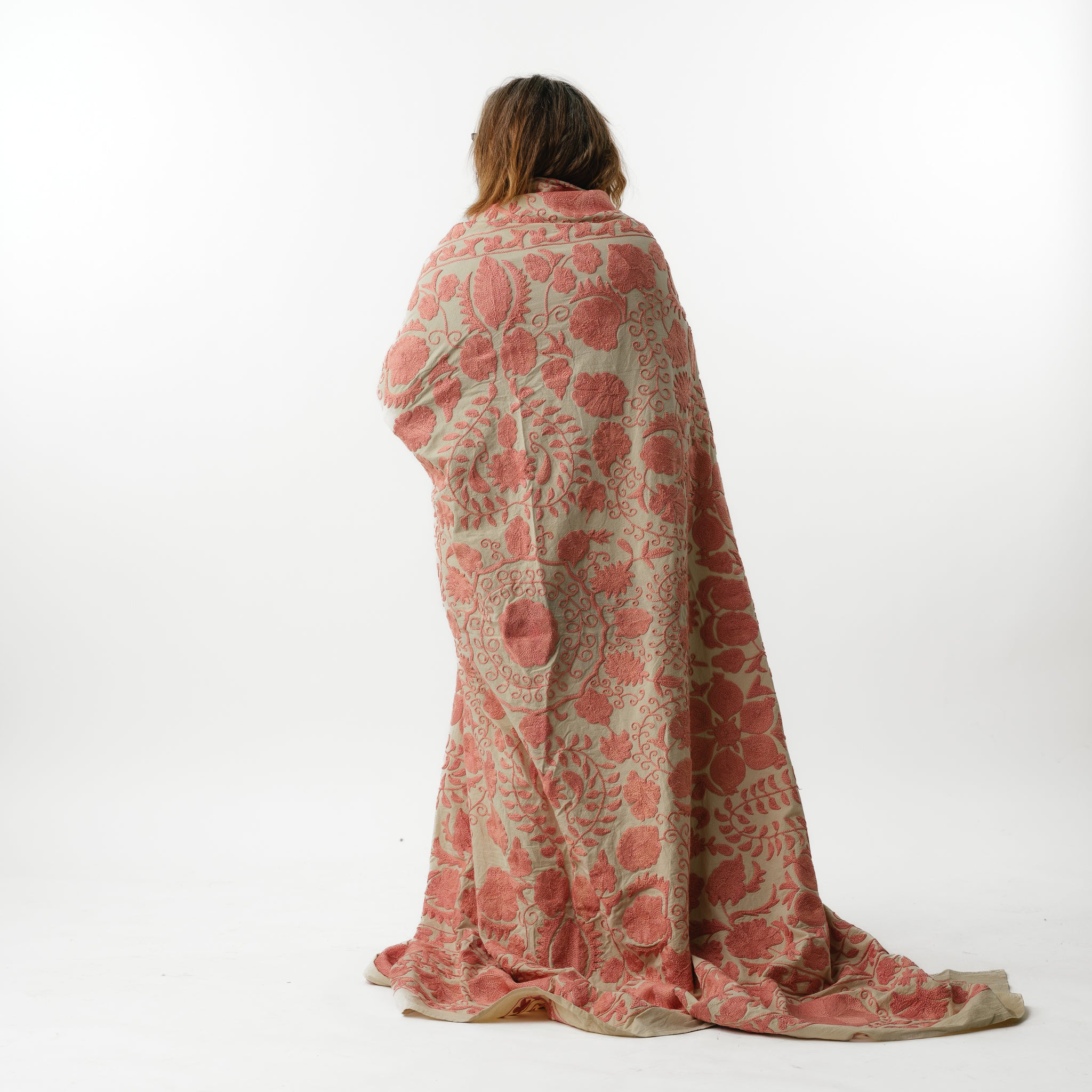 Suzani King Bedcover Handwoven Salmon Silk 