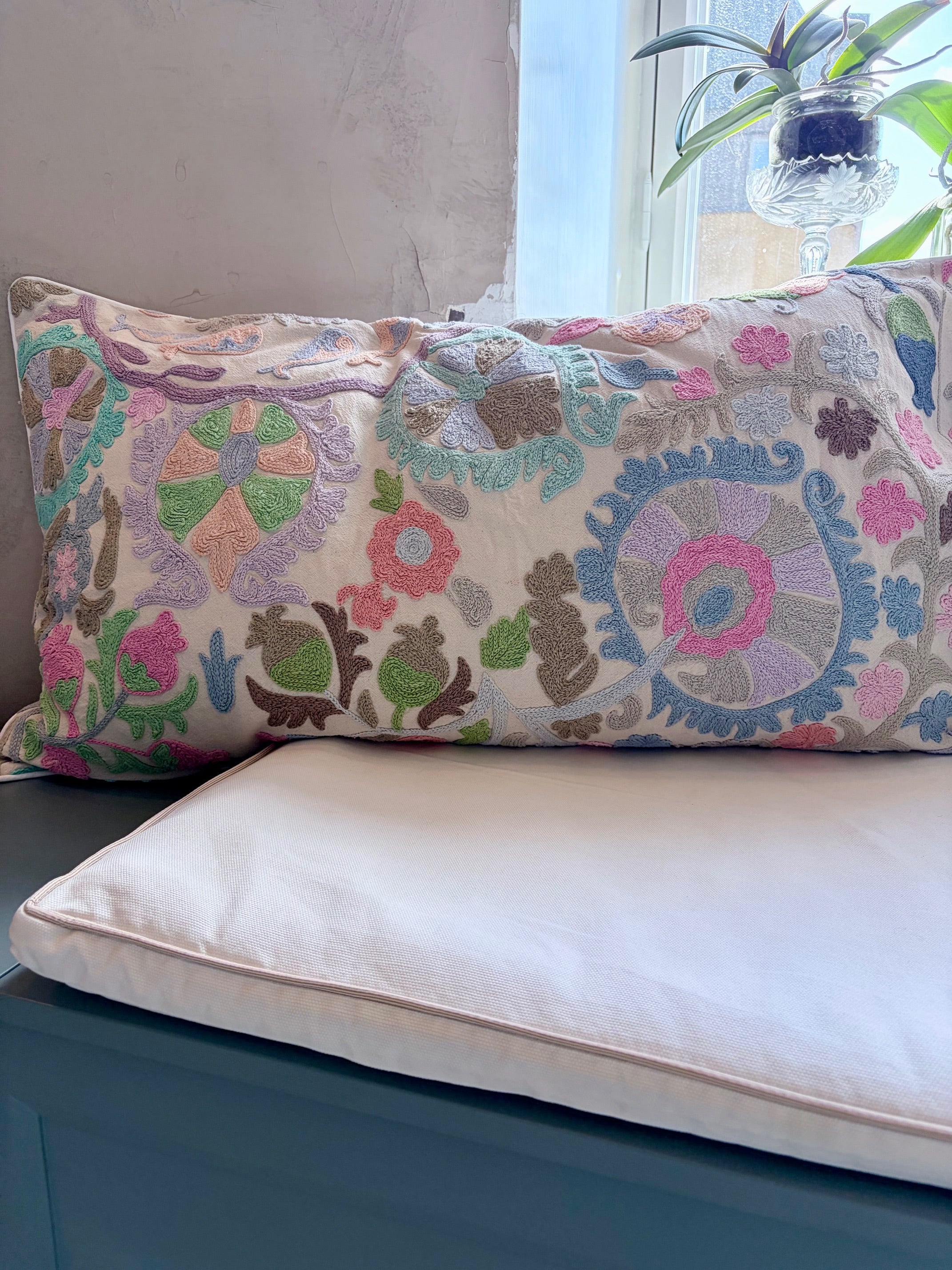 Hand Embroidered Blue Suzani Body Pillow 