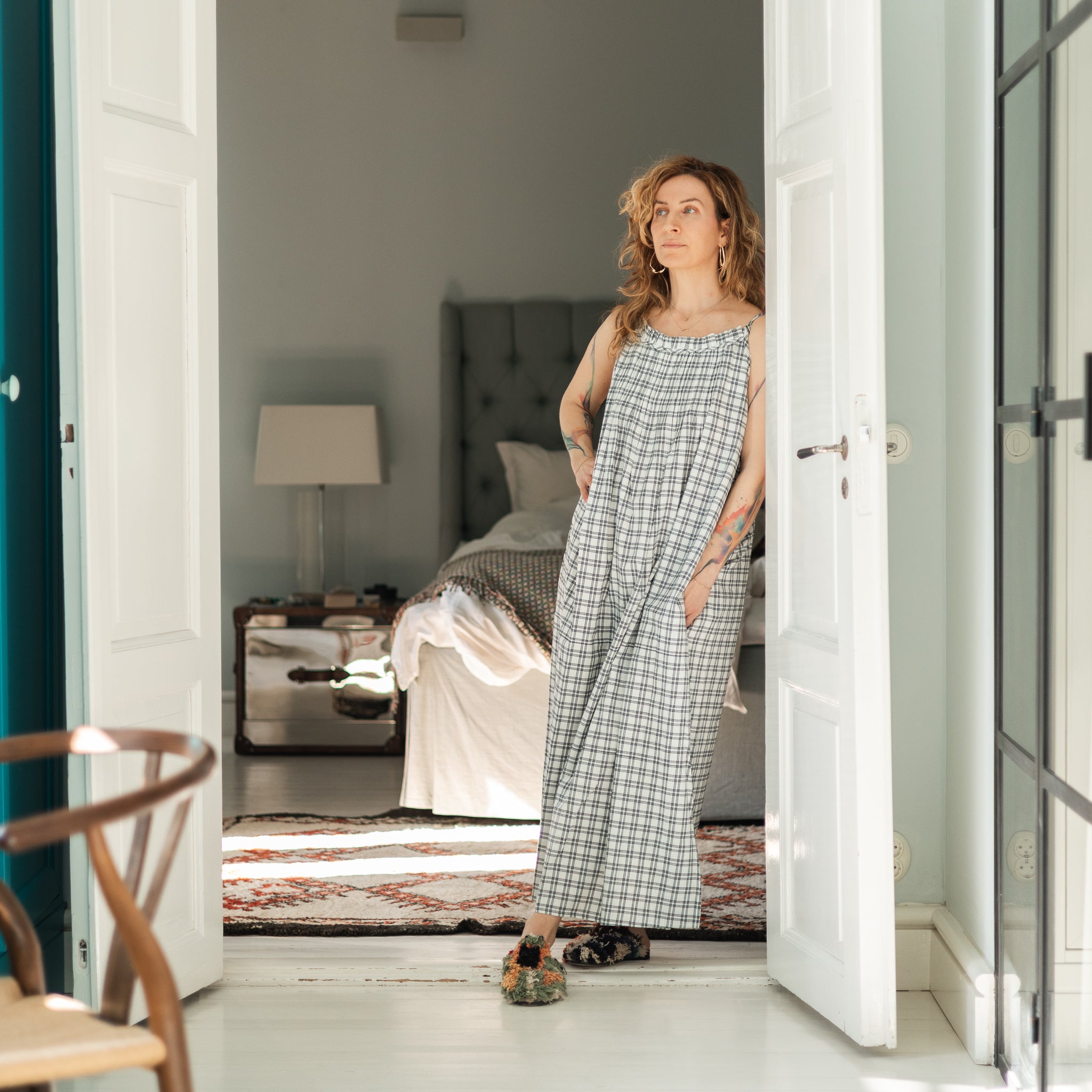 Hand Loomed Cotton Halter Lounge Dress in Check S