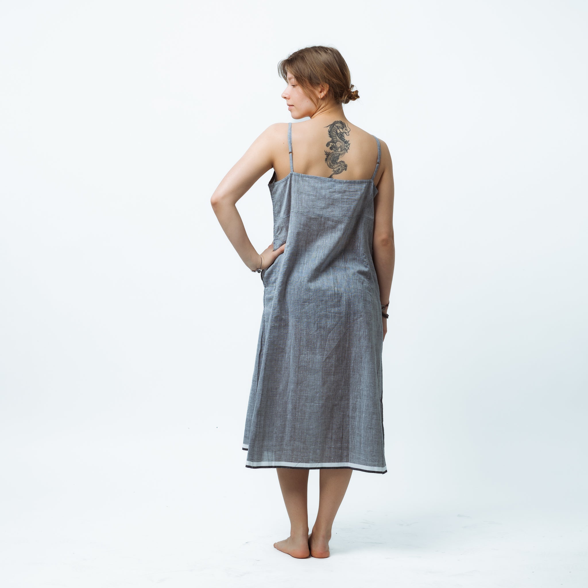 Hand Loomed Cotton Halter Dress with Pockets in Grey 