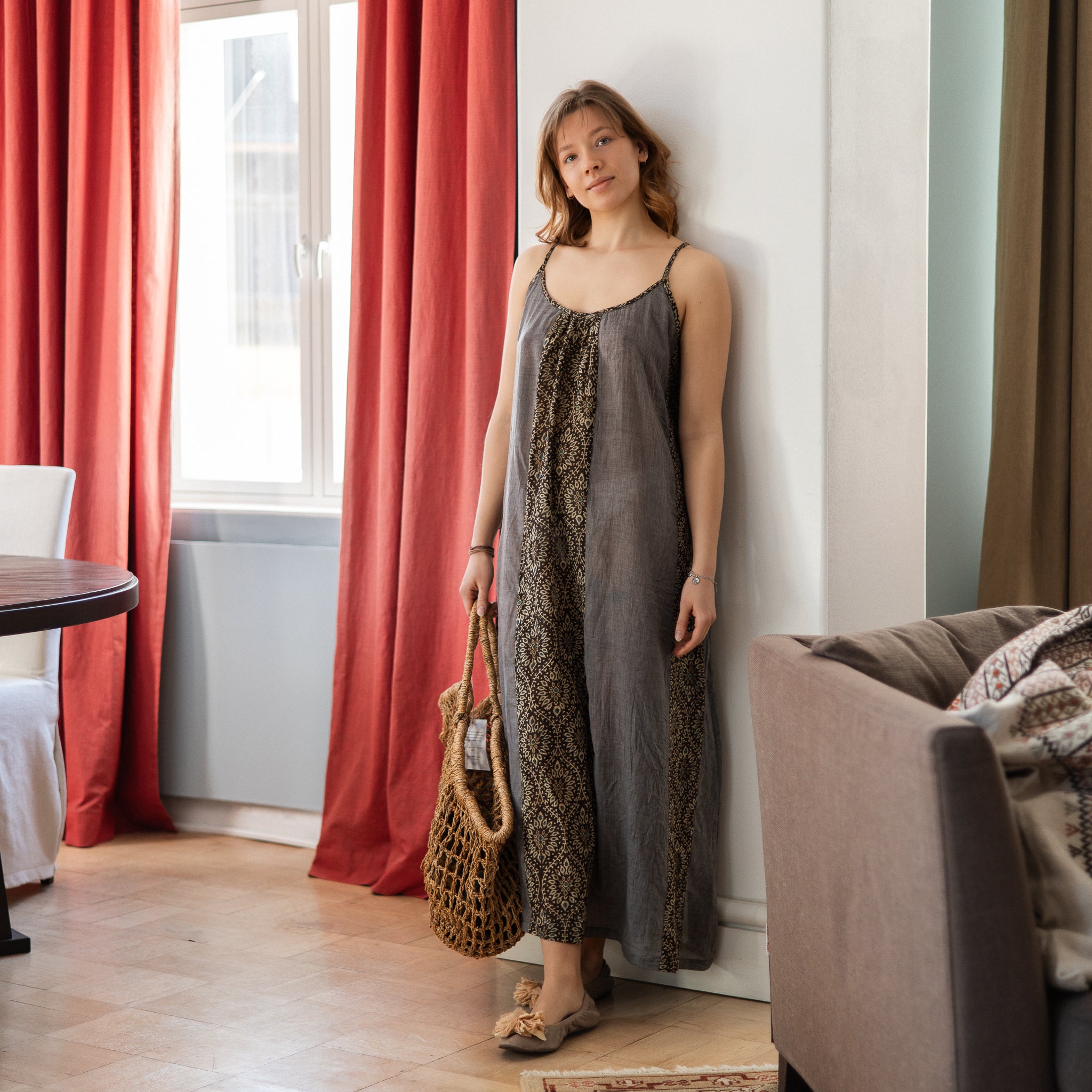Hand Printed Cotton Silk Black Maxi Dress 