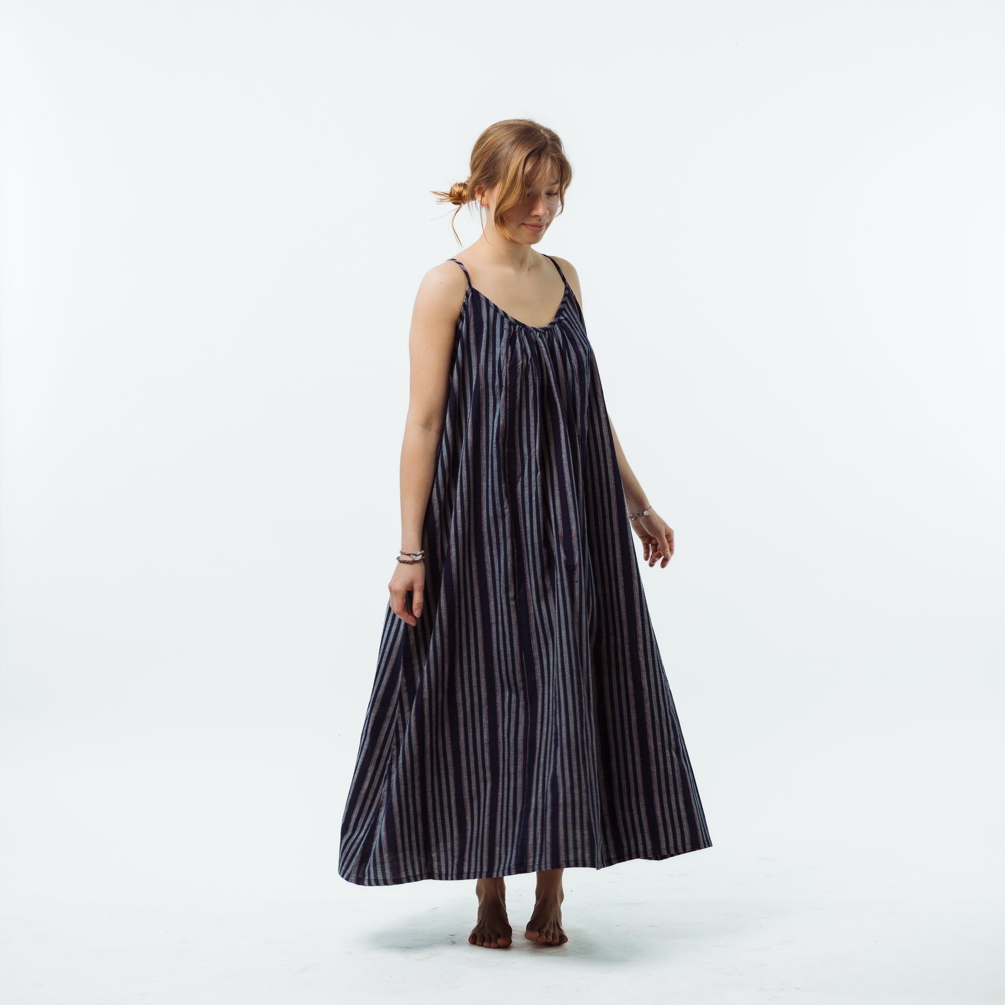 Handwoven Indigo Striped Cotton Maxi Dress 